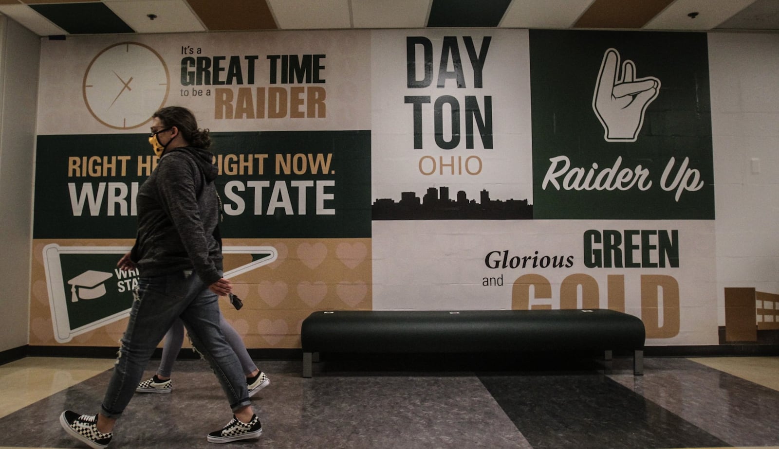 Since COVID-19 the Wright State campus has had few students walking the halls. One  can still find school spirit at the bookstore were women's basketball merchandise is for sale.