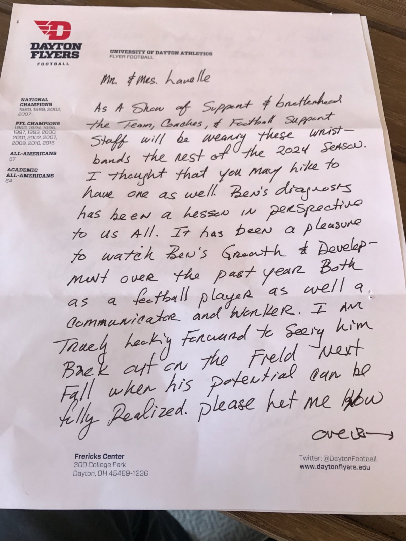 The letter Dayton football coach Trevor Andrews wrote the Lavelle Family that has so inspired them that they keep it tacked up on the wall in their kitchen. Tom Archdeacon/CONTRIBUTED