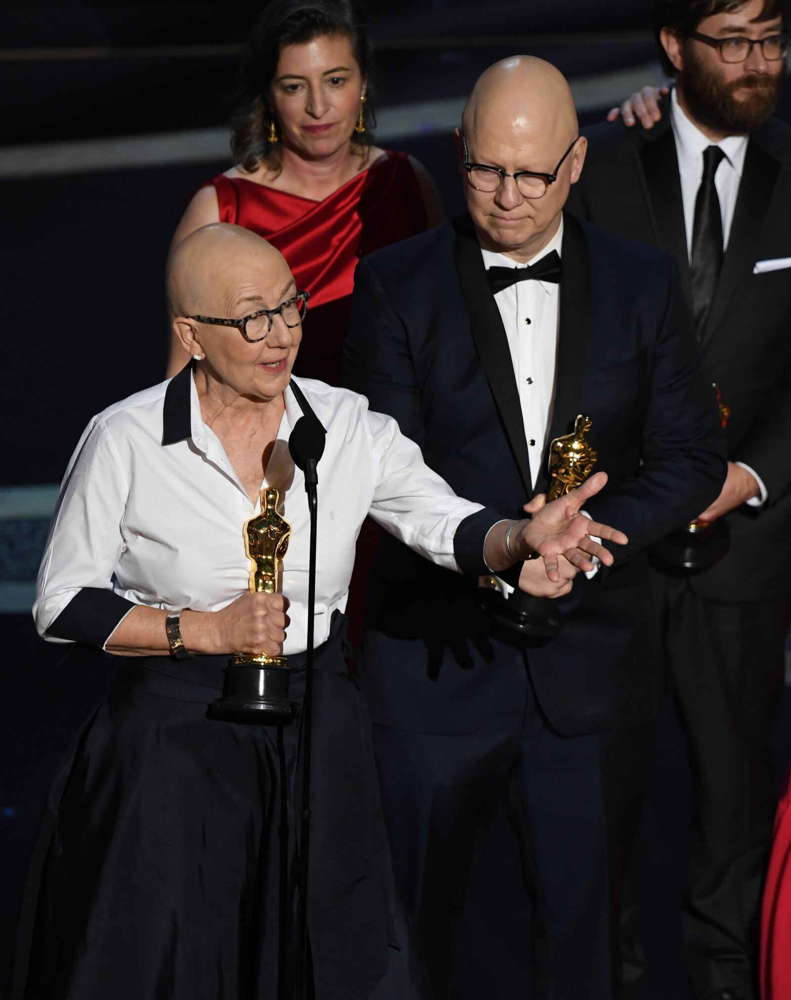 HOLLYWOOD, CALIFORNIA - FEBRUARY 09: (L-R) Julia Reichert, Lindsay Utz, Steven Bognar, Jeff Reichert and Julie Parker Benello accept the Documentary - Feature - award for 'American Factory' onstage during the 92nd Annual Academy Awards at Dolby Theatre on February 09, 2020 in Hollywood, California. (Photo by Kevin Winter/Getty Images)