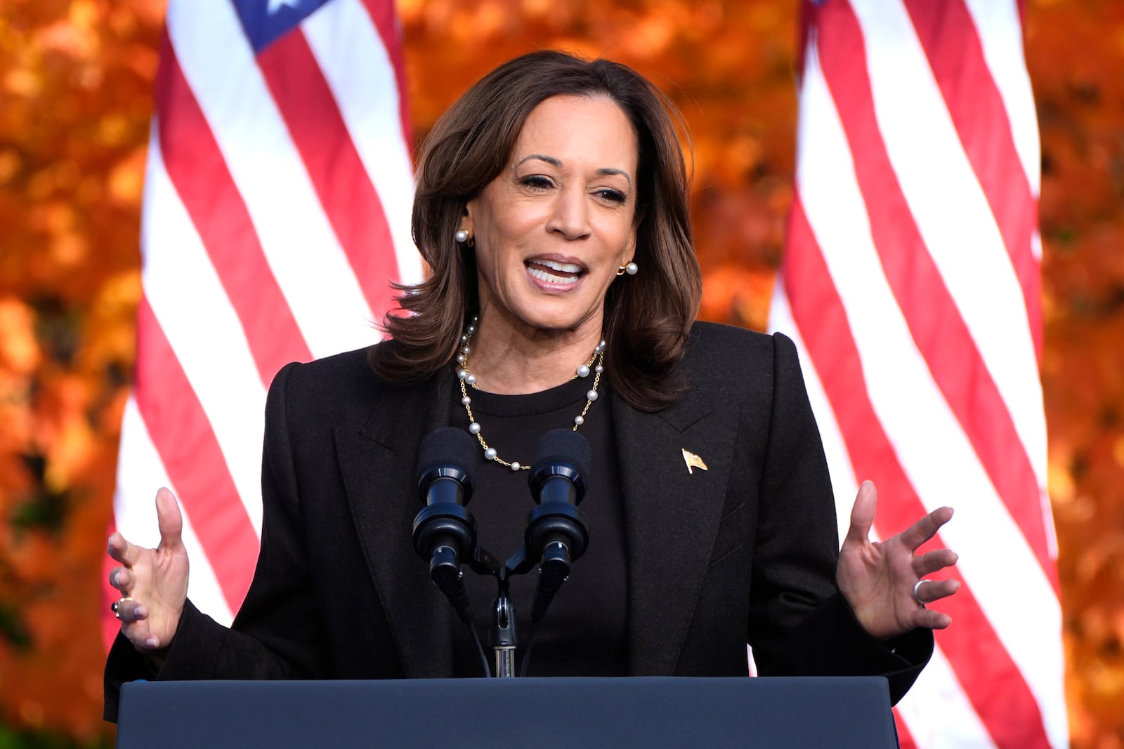 Democratic presidential nominee Vice President Kamala Harris speaks at a campaign rally in Riverside Park, Friday, Oct. 18, 2024, in Grand Rapids, Mich. (AP Photo/Paul Sancya)