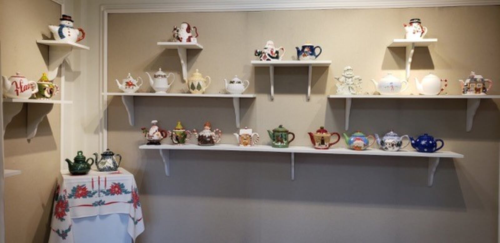 These Christmas teapots are on display at the Troy-Hayner Cultural Center. CONTRIBUTED