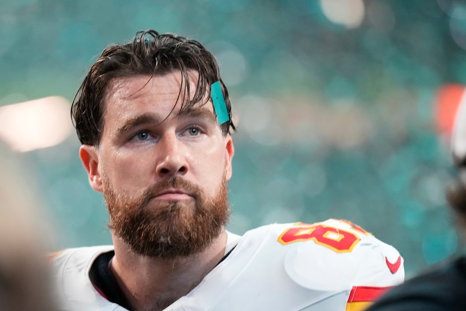 Kansas City Chiefs tight end Travis Kelce walks off the field after a loss to the Philadelphia Eagles during the NFL Super Bowl 59 football game, Sunday, Feb. 9, 2025, in New Orleans. (AP Photo/Abbie Parr)