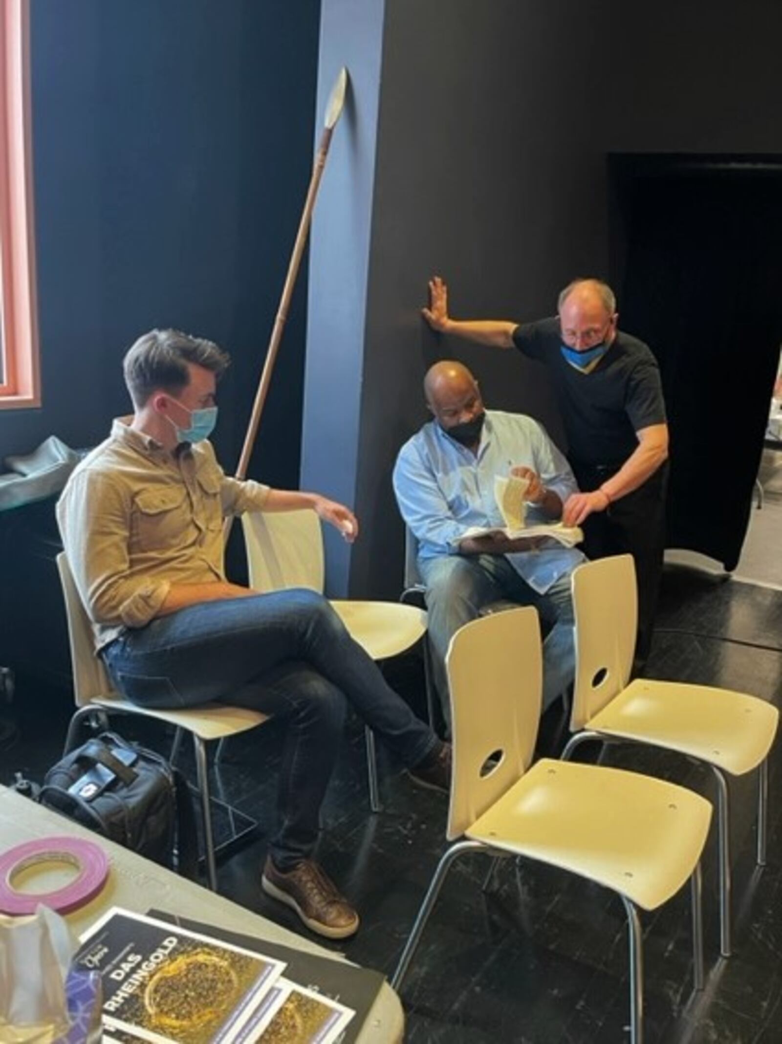 Left to right: Christian Sanders (Loge), Lester Lynch (Wotan) and Dayton Philharmonic Conductor Neal Gittleman in rehearsals for Dayton Opera's production of "Das Rheingold." CONTRIBUTED