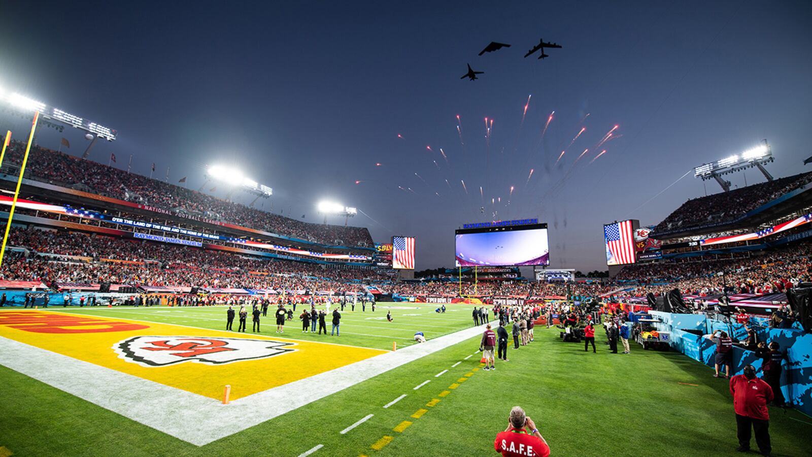 Air Force Global Strike Command bombers perform the Super Bowl LV flyover Feb. 7 at Raymond James Stadium in Tampa, Florida. Maj. Sarah Kociuba, 393rd Bomb Squadron, pilot of the B-2 Spirit leading the formation, came to Wright-Patterson Air Force Base on Nov. 15 to talk with students from her old ROTC unit about the transition from cadet to Air Force officer. U.S. AIR FORCE PHOTO/AIRMAN 1ST CLASS JACOB B. WRIGHTSMAN