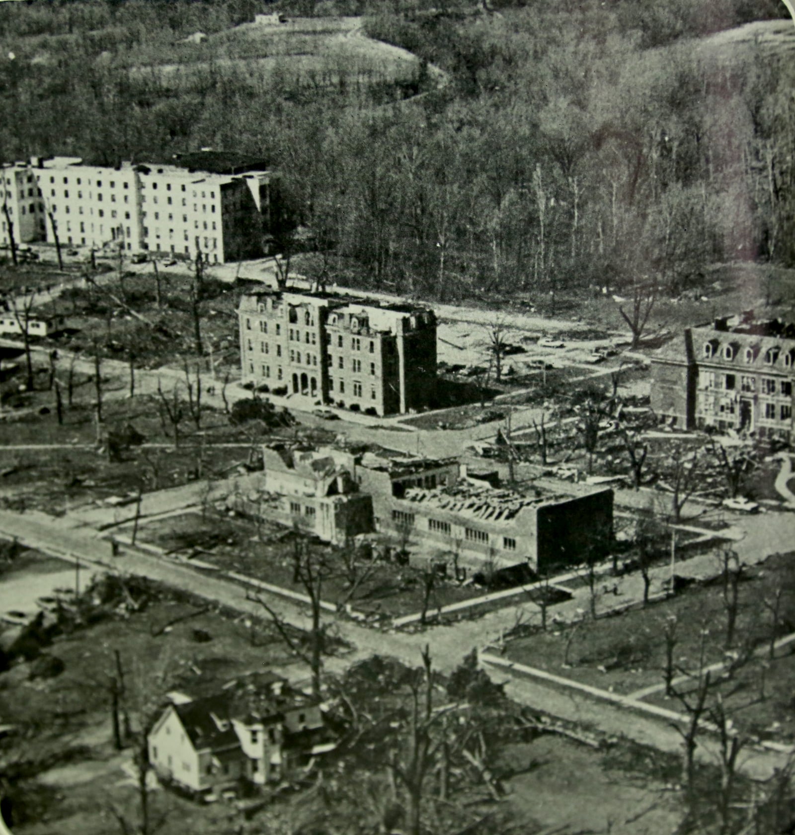 A devastating tornado tore through Greene County on April 3, 1974. The F-5 tornado ripped Xenia apart and destroyed several buildings on the Wilberforce campus including Ireland Hall. COURTESY OF REMBERT E. STOKES ARCHIVES AND SPECIAL COLLECTIONS