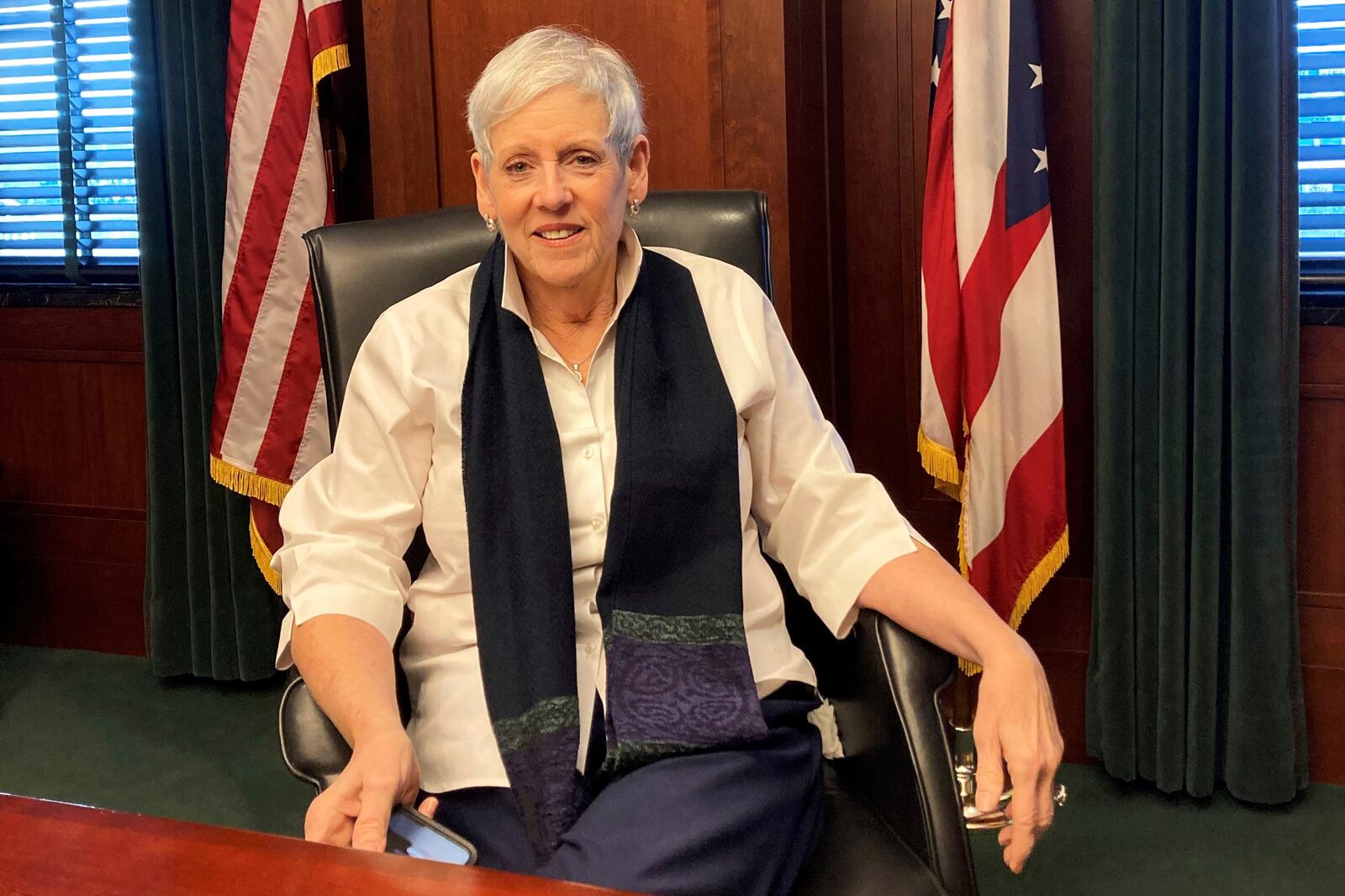 FILE - Ohio Chief Justice Maureen O'Connor is pictured in her chambers at the Ohio Supreme Court in Columbus, Ohio, on Dec. 15, 2022. The election contests of 2022 may have been held and decided, but Ohio’s political maps remain far from settled. What was supposed to be a once-per-decade process for redrawing the state’s U.S. House and Statehouse districts to reflect updated 2020 population figures now promises to extend into 2023, and probably longer. (AP Photo/Julie Carr Smyth, File)