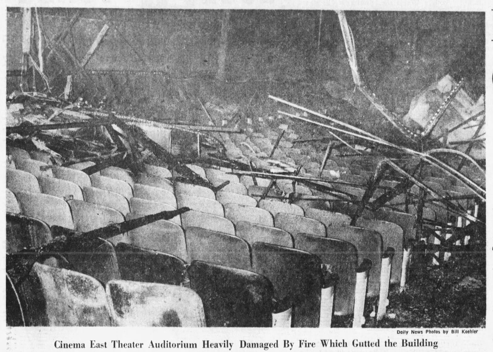 Cinema East Theater auditorium heavily damaged by fire which gutted the building in 1973. DAYTON DAILY NEWS ARCHIVES