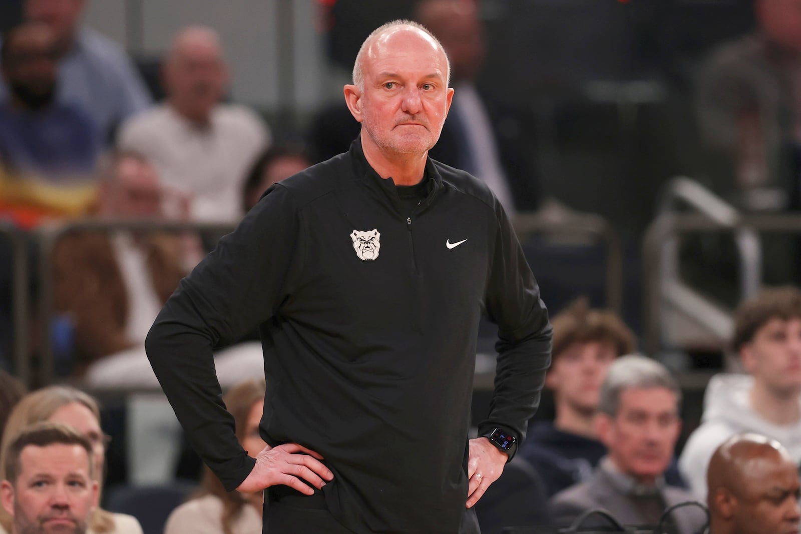 Butler head coach Thad Matta stands on the court during the first half of an NCAA college basketball game against St. John's in the quarterfinals of the Big East Conference tournament, Thursday, March 13, 2025, in New York. (AP Photo/Pamela Smith)