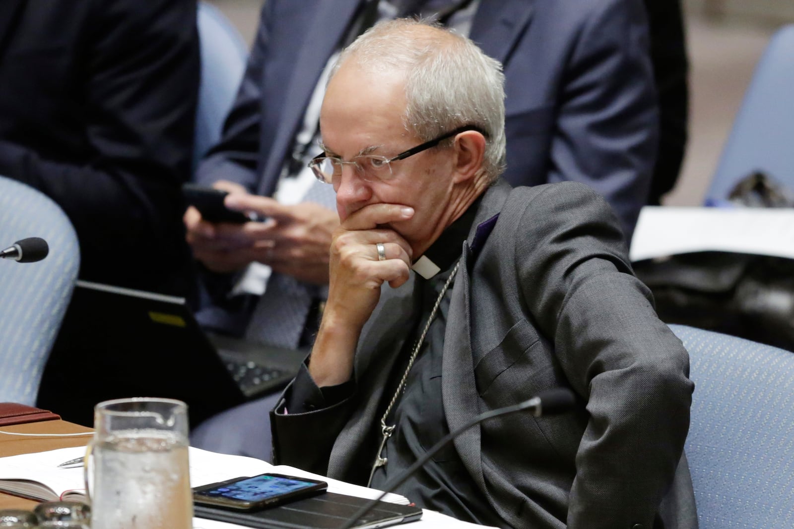 FILE - Archbishop of Canterbury Justin Welby listens to speakers in the United Nations Security Council, Wednesday, Aug. 29, 2018. (AP Photo/Richard Drew File)