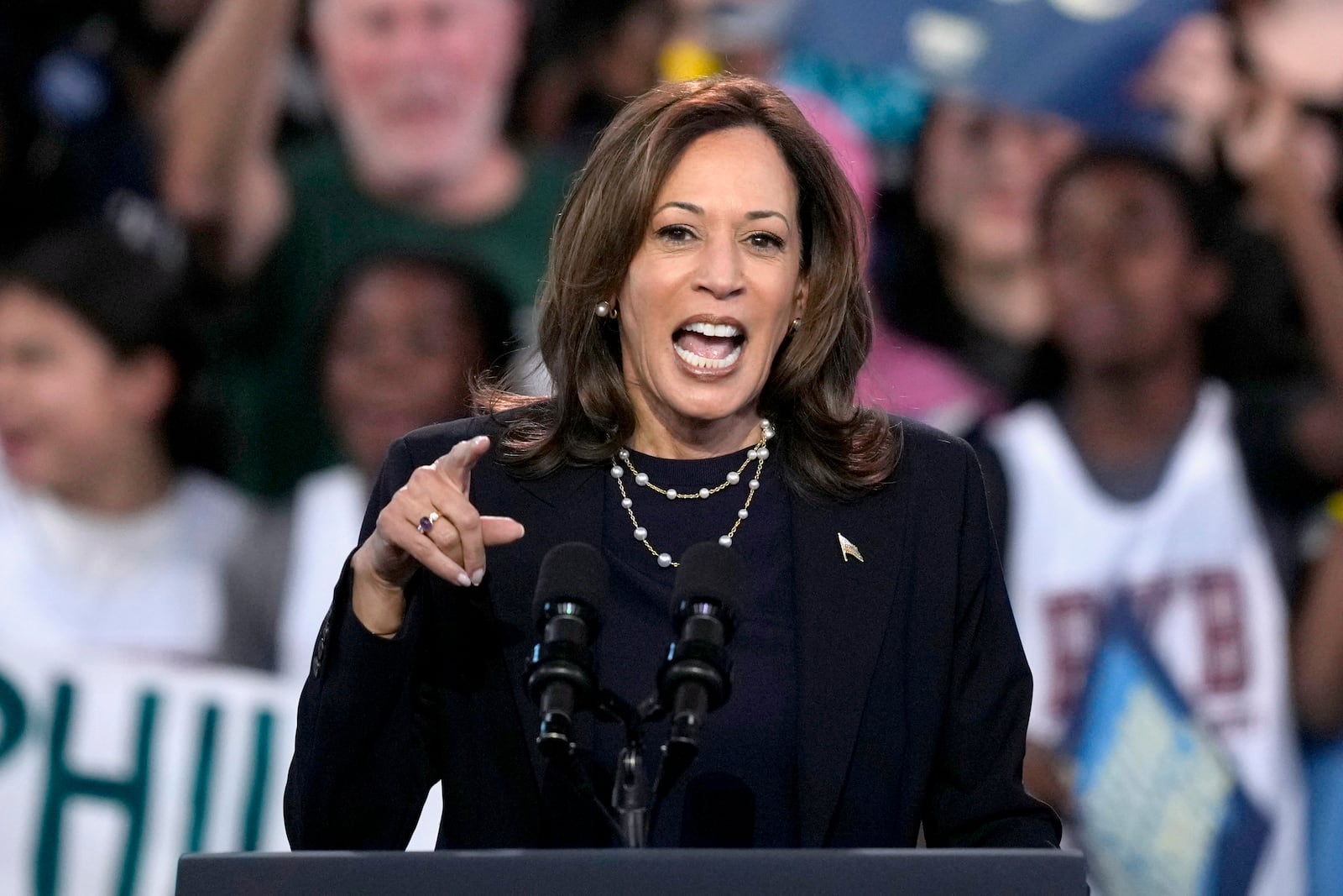 Democratic presidential nominee Vice President Kamala Harris speaks during a community rally at the Alan Horwitz "Sixth Man" Center, Sunday, Oct. 27, 2024, in Philadelphia. (AP Photo/Matt Rourke)