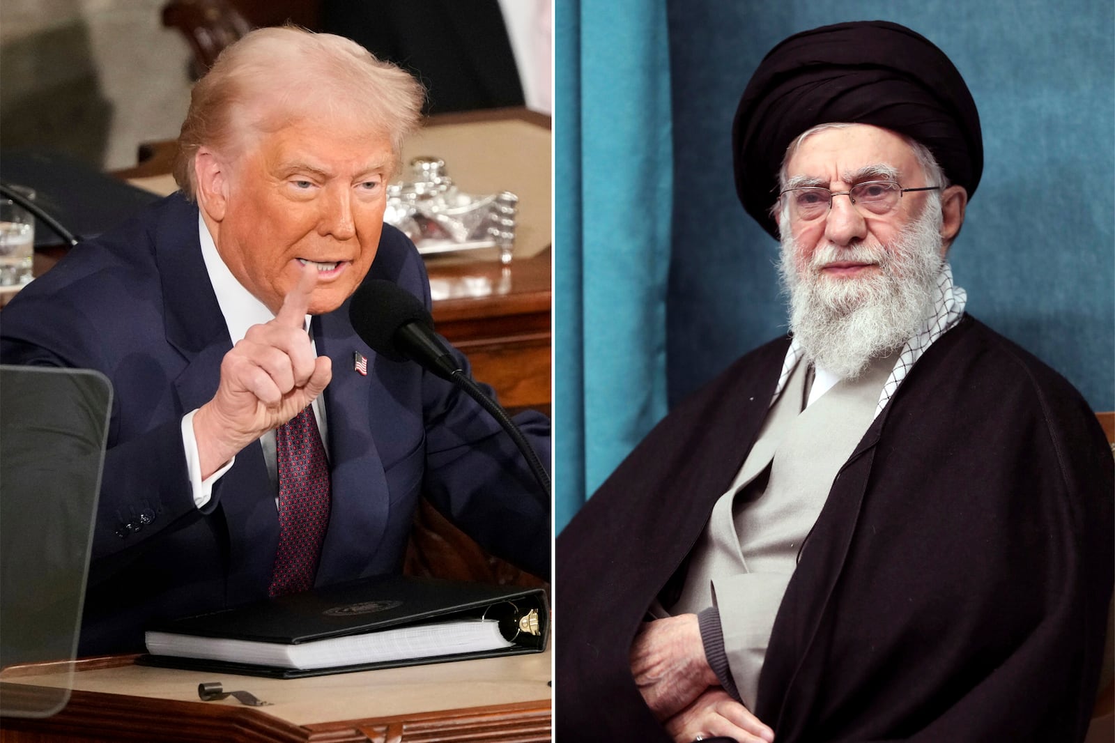 This combo of pictures show President Donald Trump, left, addressing a joint session of Congress at the Capitol in Washington, March 4, 2025, and a handout of Supreme Leader Ayatollah Ali Khamenei attending a ceremony in Tehran, Iran, March 8, 2025. (AP Photo/Ben Curtis - Office of the Iranian Supreme Leader via AP)