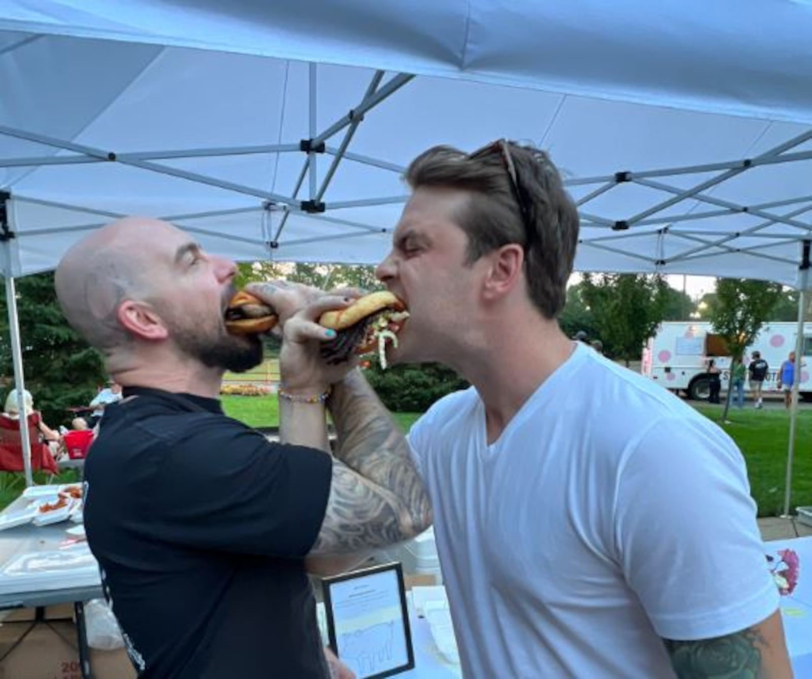 Coco's Bistro Chef Bryan Ondre (left) and Adam Gilcher, Coco's General Manager (right) celebrate their Bacon Fest 2023 Critic's Choice win. ALEXIS LARSEN/CONTRIBUTOR