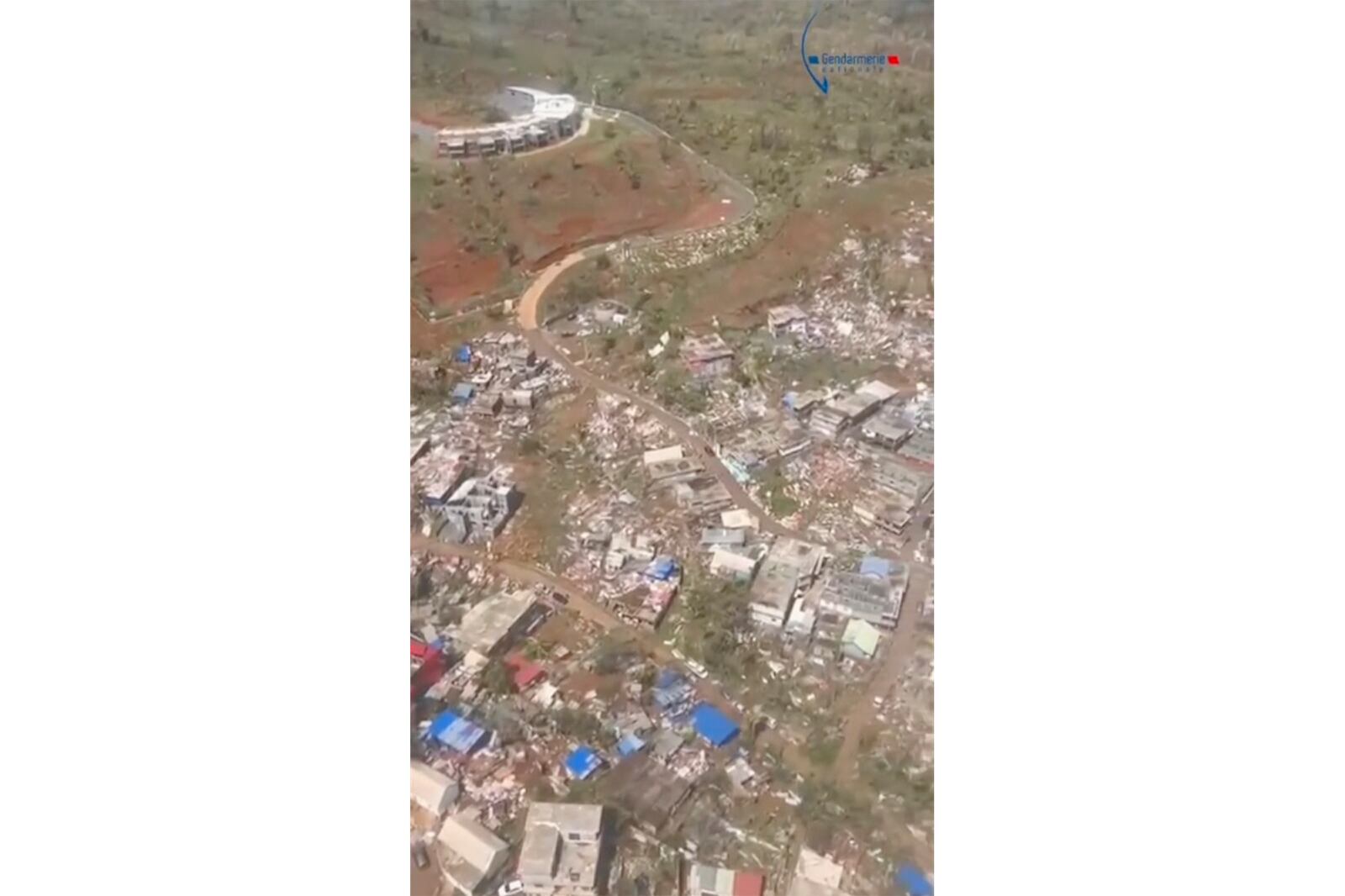 This image taken from video released by the Gendarmerie Nationale, shows massive damage from Cyclone Chido in the French territory of Mayotte, Sunday, Dec. 15, 2024. (Gendarmerie Nationale via AP)