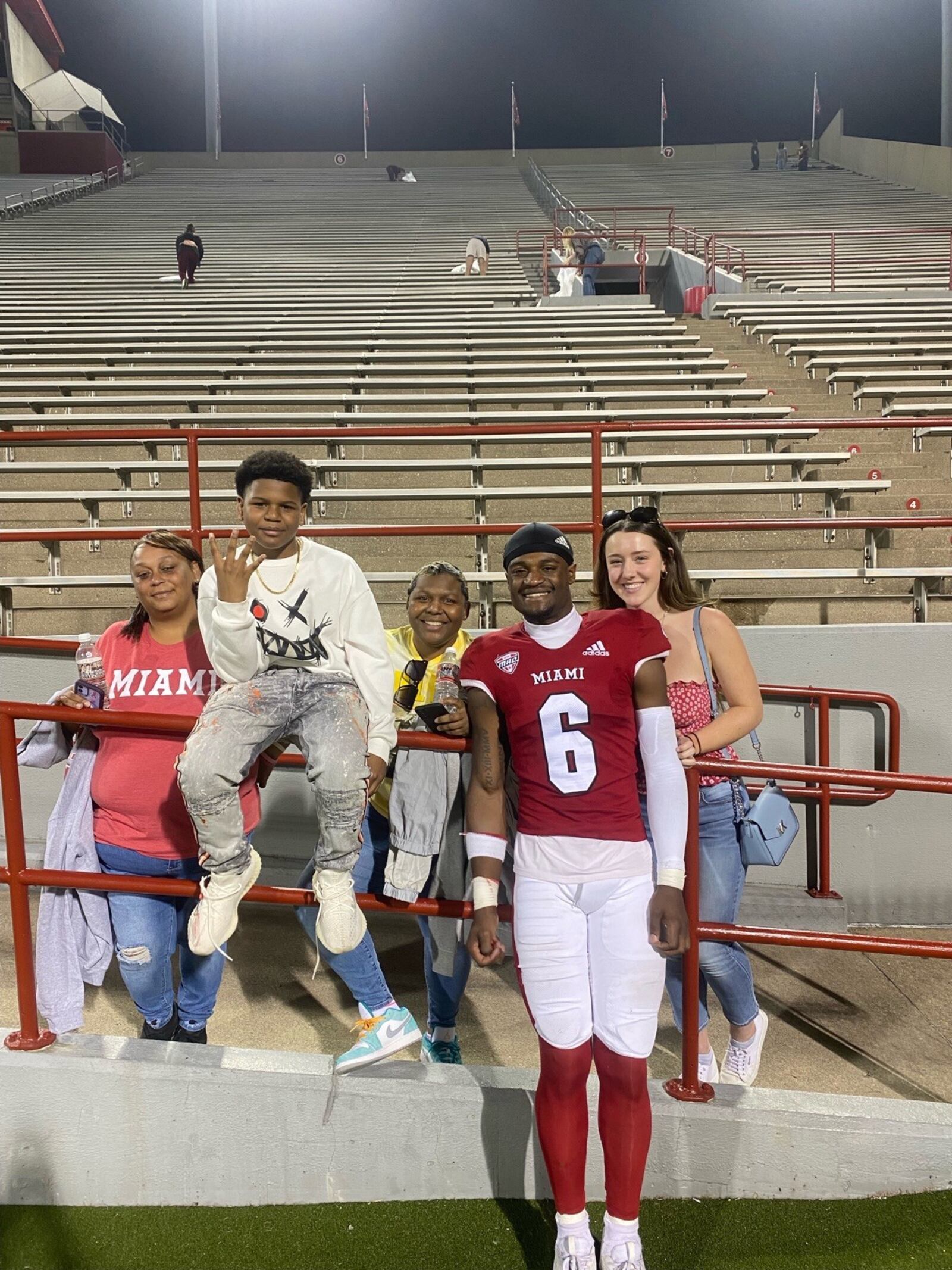 From left, Michelle Hunt, Elijah Rogers Warren, Lekendra Warren, Jacquez Warren and his girlfriend, Kiera Fennell, at Yager Stadium in Oxford. CONTRIBUTED