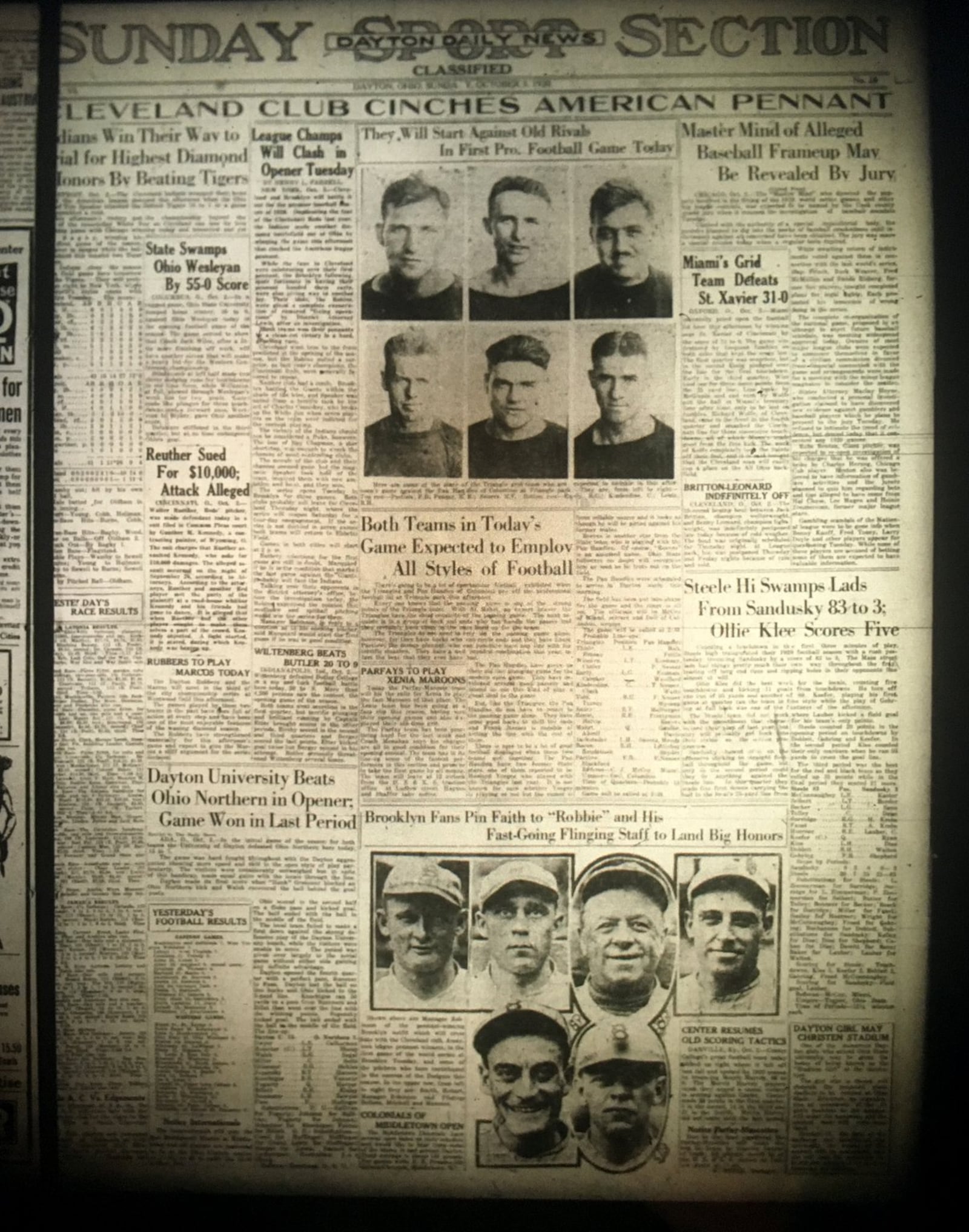 The front page of the Oct. 3, 1920 Dayton Daily News gave a preview of the first professional football game held between the Dayton Triangles and the Columbus Panhandles.