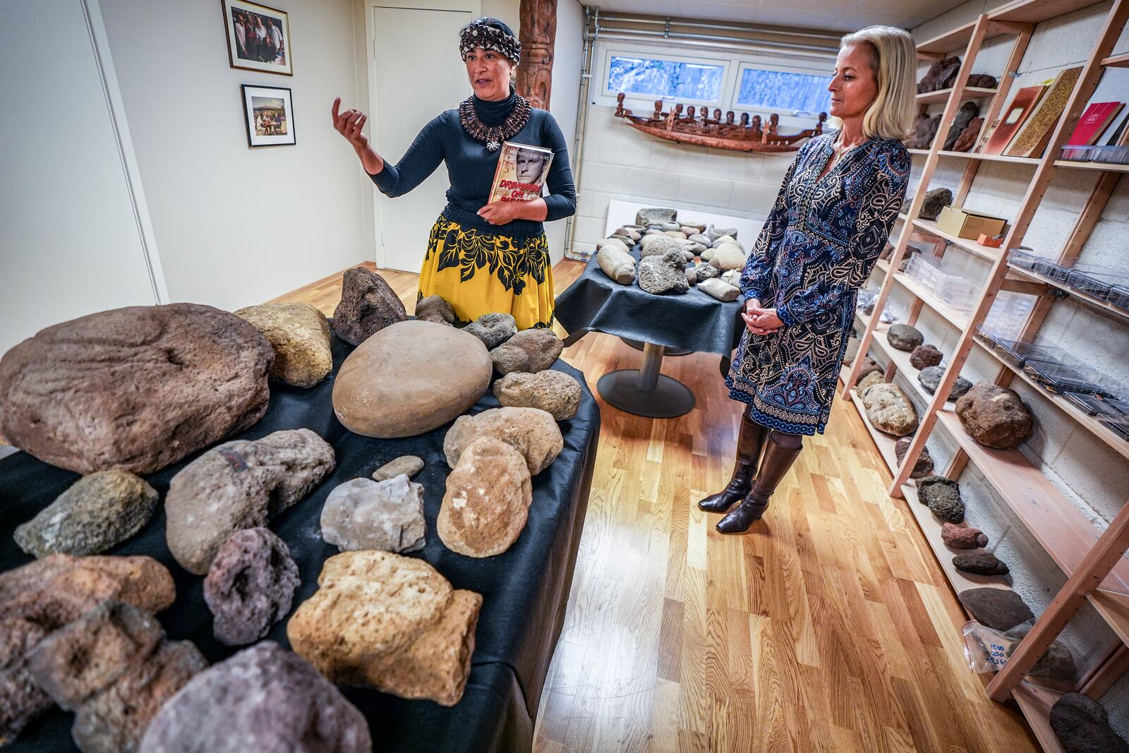 Kon-Tiki Museum's director Liv Heyerdahl, right, and Rapa Nui Chilean politician Laura Tarita Rapu Alarcon attend the "repatriation" ceremony for artifacts and human remains, at the Kon Tiki Museum in Oslo, Norway, Tuesday, Nov. 12, 2024. (Lise Åserud/NTB Scanpix via AP)