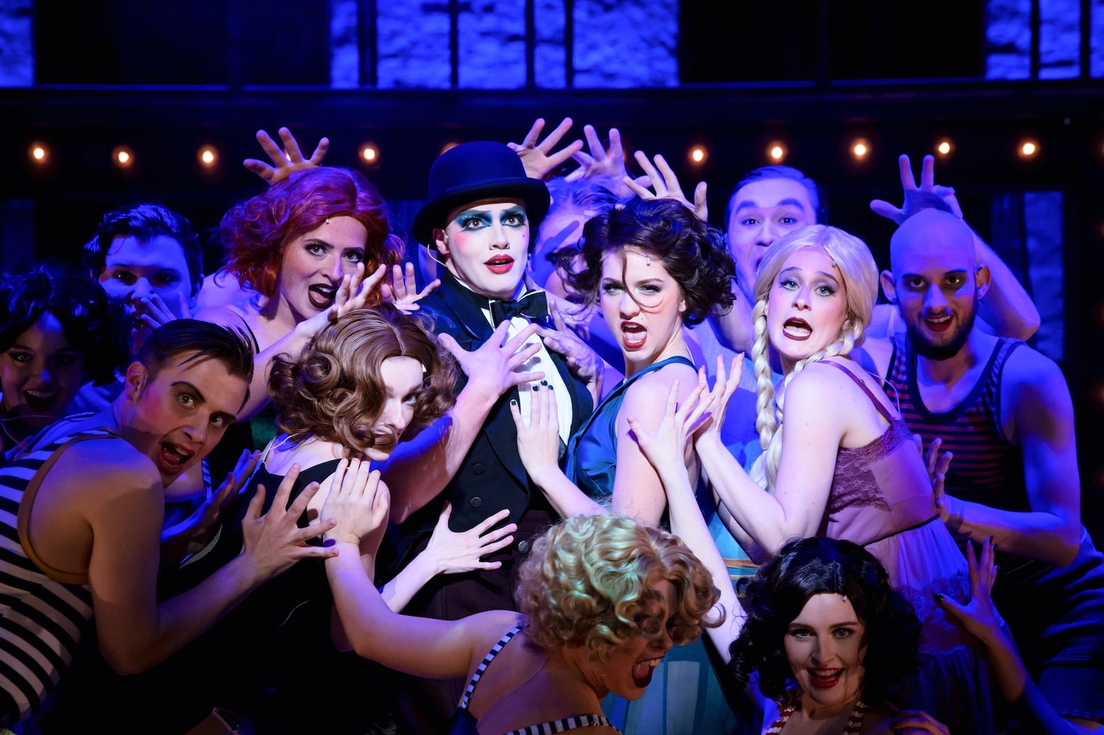 Center: Anderson Rothwell (Emcee), Kendra Lodewyk (Sally Bowles) and the cast of Wright State University's production of "Cabaret." PHOTO BY ERIN PENCE