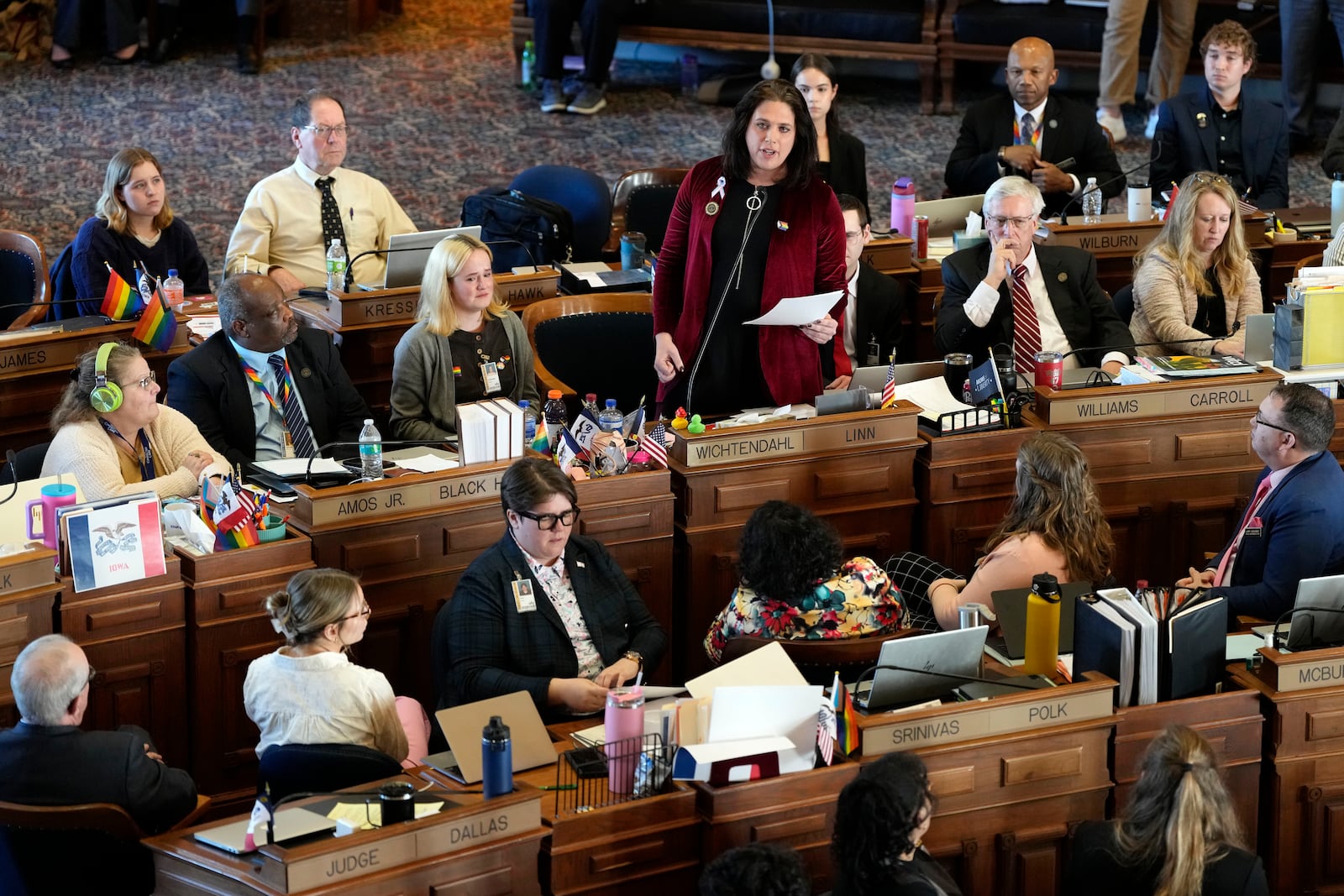 Rep. Aime Wichtendahl, D-Hiawatha, speaks during debate on the gender identity bill, Thursday, Feb. 27, 2025, at the Statehouse in Des Moines, Iowa. (AP Photo/Charlie Neibergall)