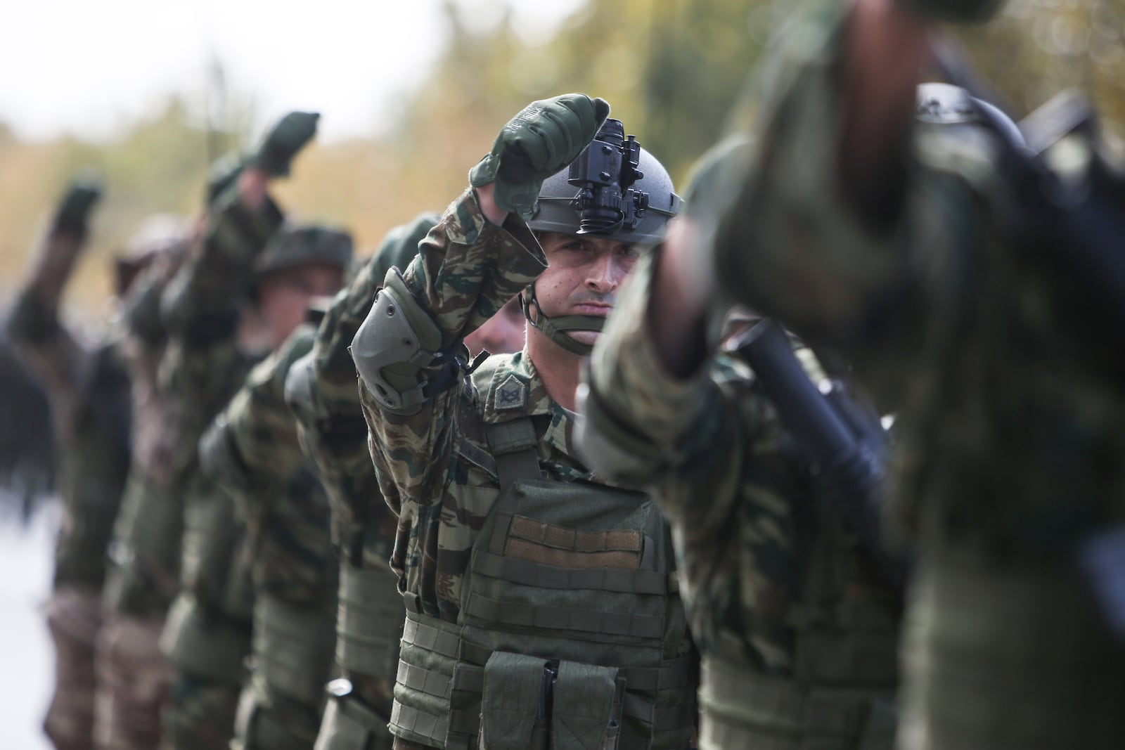 FILE - Members of the Greek army take part in the military parade at the northern port city of Thessaloniki, Greece, Oct. 28, 2022. (AP Photo/Giannis Papanikos, File)