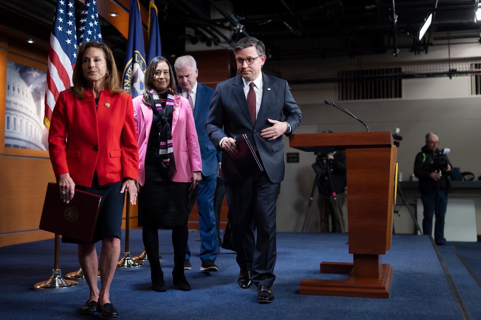 Speaker of the House Mike Johnson, R-La., center, finishes a news conference with, from left, Rep. Lisa McClain, R-Mich., chair of the House Republican Conference, Rep. Monica De La Cruz, R-Texas, and House Majority Whip Tom Emmer, R-Minn., at the Capitol in Washington, Wednesday, Feb. 5, 2025. (AP Photo/J. Scott Applewhite)