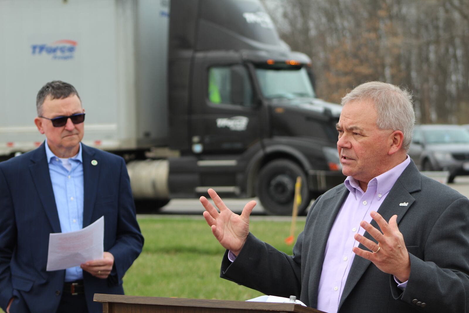 Randy Chevalley, ODOT District 7 deputy director and Matt Parrill, capital programs administrator at a Tuesday press conference. CORNELIUS FROLIK / STAFF