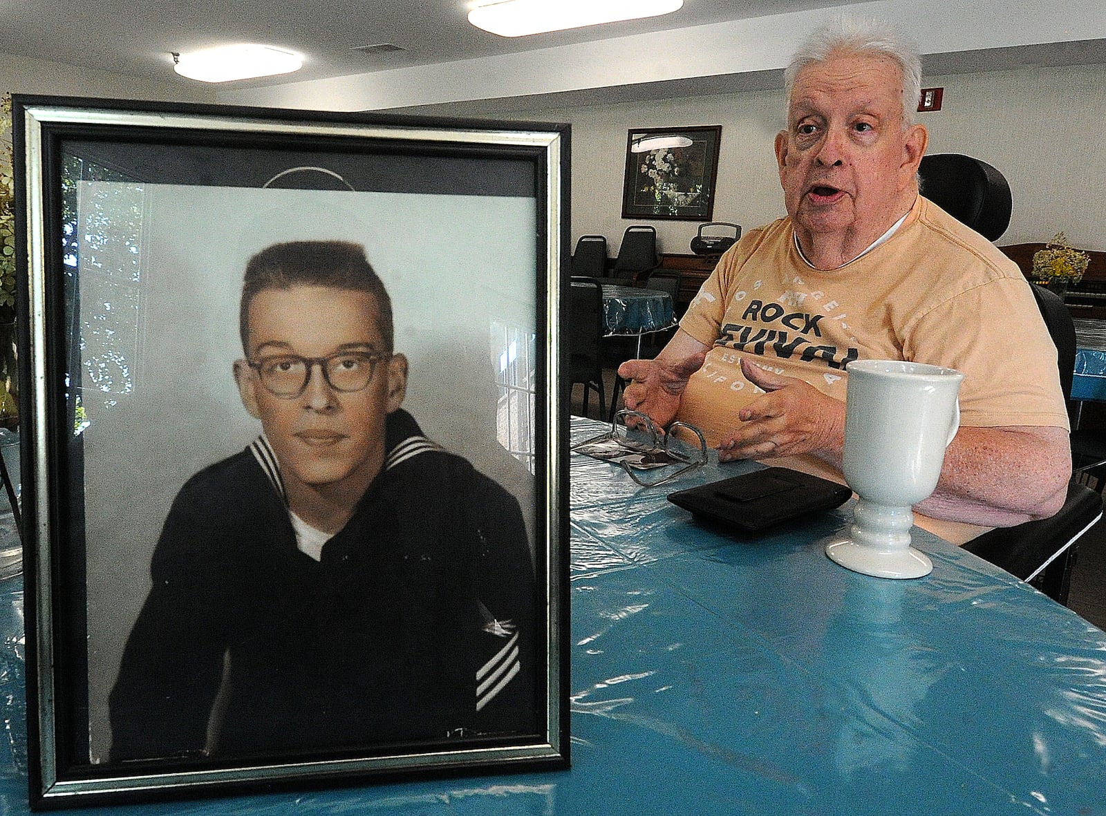 Les Pomerville, 77, served in the U.S. Navy as a radioman and a firefighter in the ‘60s and ‘70s. He talked about his concerns with the firefighting foam he and others used in the military used at the time while sitting in the community room of his apartment complex in Beavercreek on Aug. 18, 2023. MARSHALL GORBY\STAFF