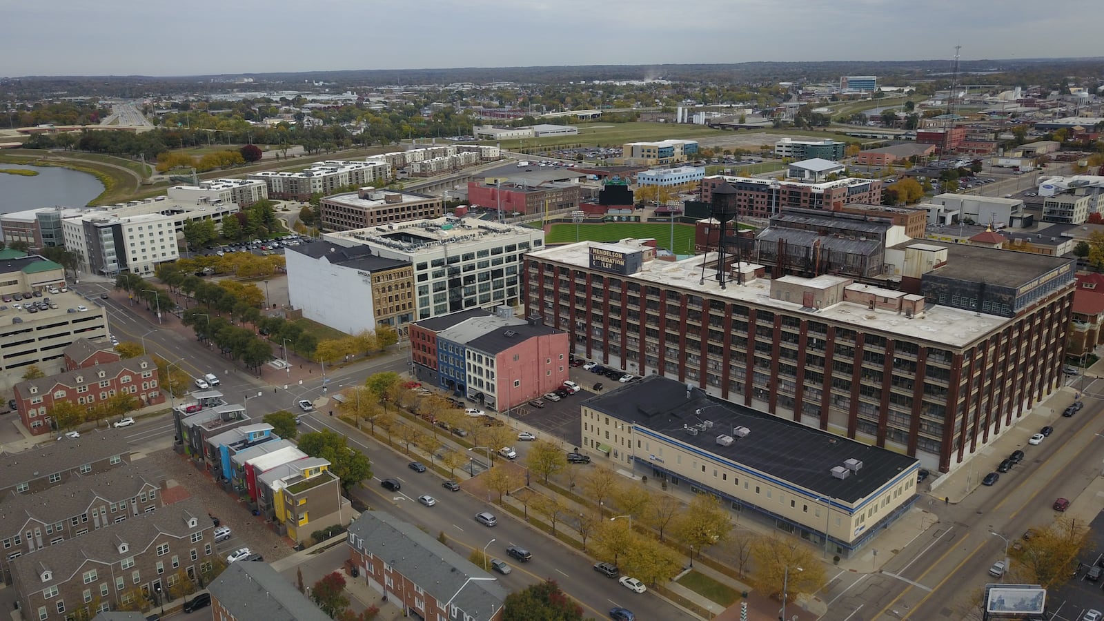 An aerial view of the Water Street District, including the Mendelsons liquidation outlet building and the Lincoln Storage building and Delco Lofts apartments. CORNELIUS FROLIK / STAFF