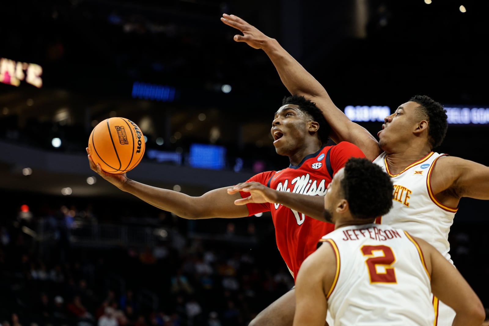 Mississippi guard Sean Pedulla (3) reacts with teammate guard Matthew Murrell (11) against Iowa State during the second half in the second round of the NCAA college basketball tournament Sunday, March 23, 2025, in Milwaukee. (AP Photo/Jeffrey Phelps)