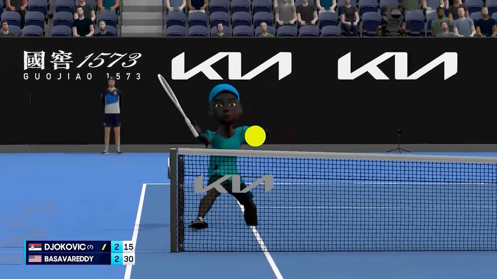 This image made from animation and provided by Tennis Australia shows Nishesh Basavareddy of the U.S. during his first round match against Serbia's Novak Djokovic at the Australian Open tennis championship in Melbourne, Australia, Monday, Jan. 13, 2025. (Tennis Australia via AP)