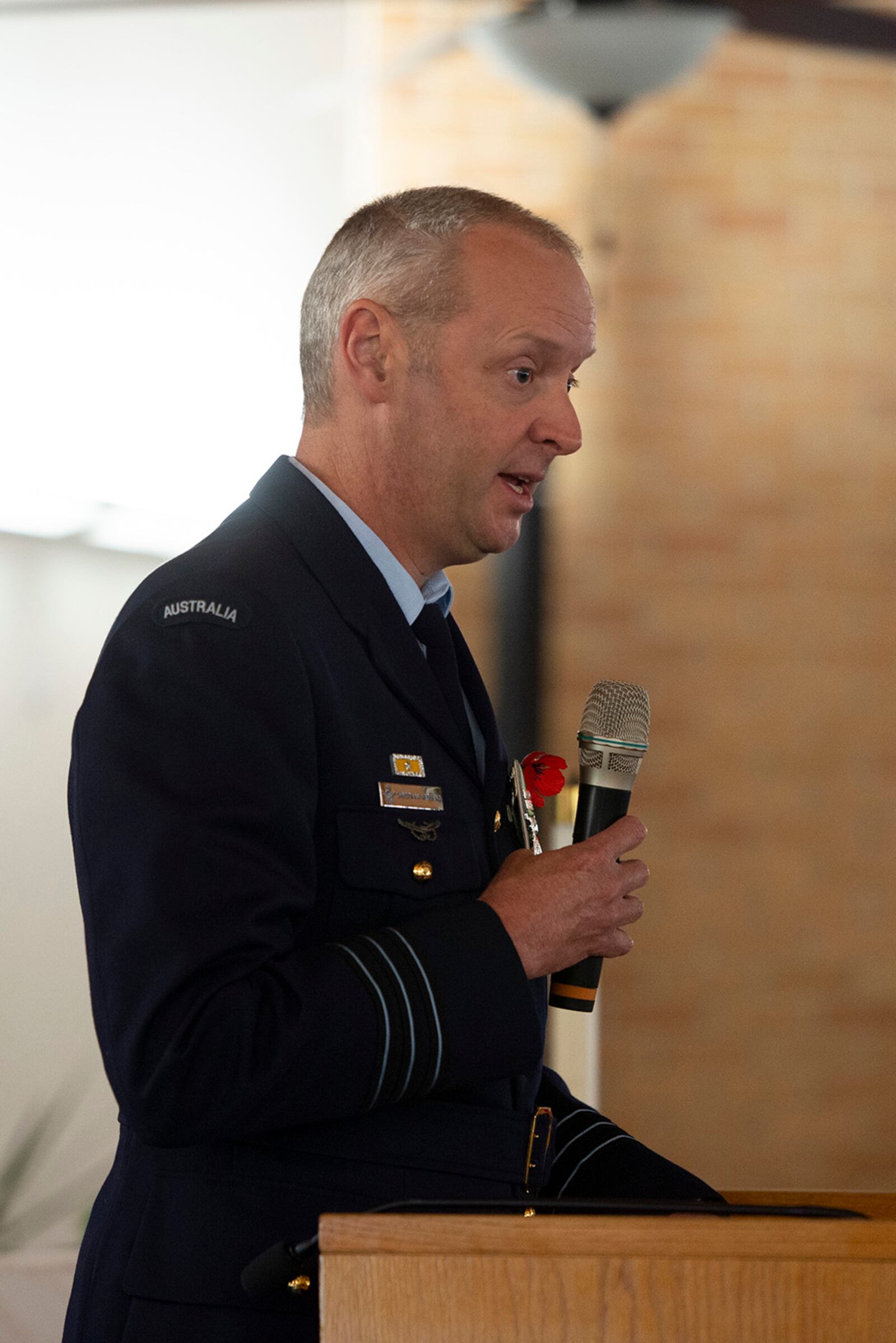 Royal Australian air force wing commander Christian Meddens gives the Australia address during the Anzac Day commemoration at the Prairies Chapel on April 25 at Wright-Patterson Air Force Base, Ohio. U.S. AIR FORCE PHOTO/JAIMA FOGG