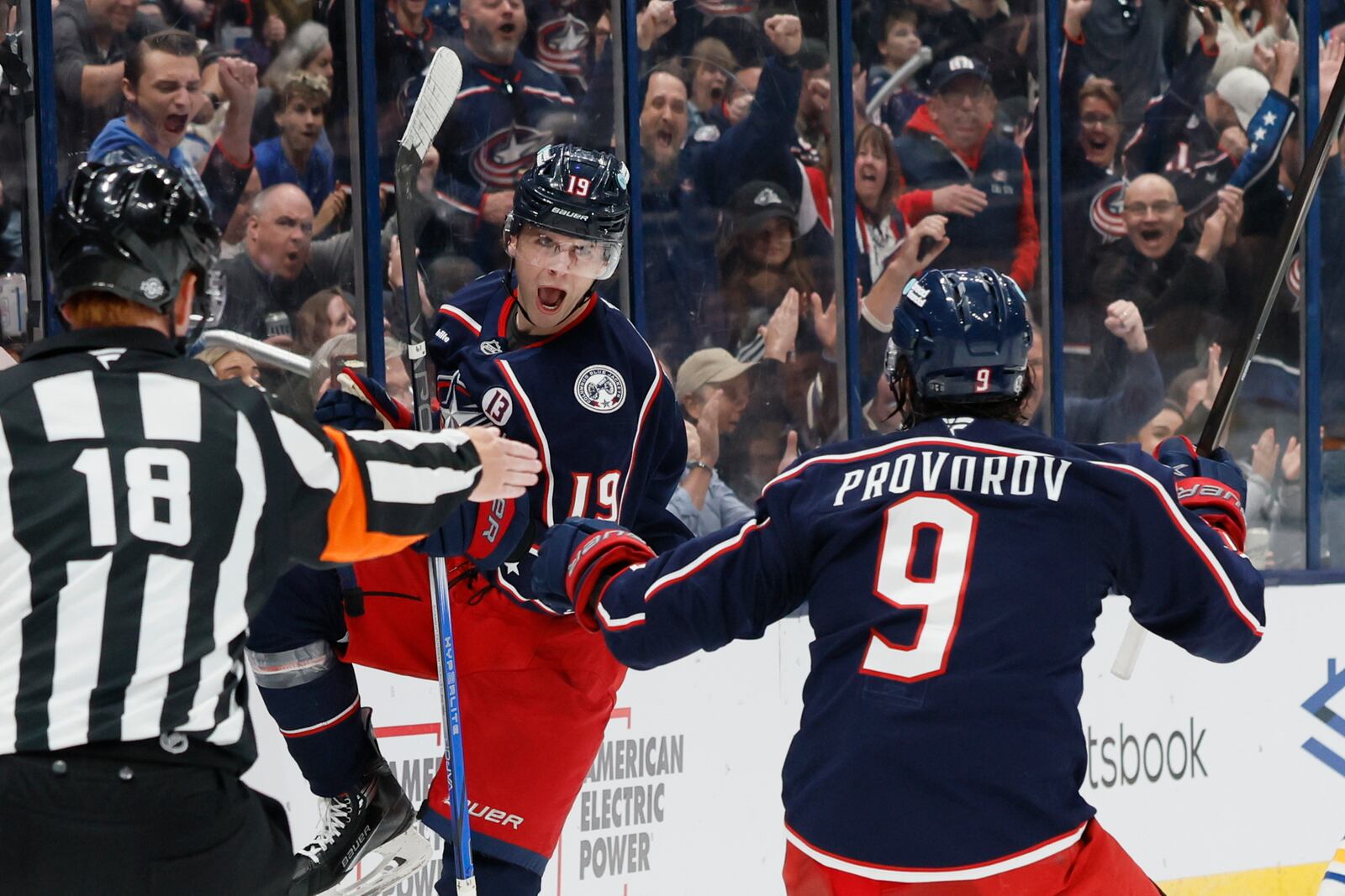 Columbus Blue Jackets' Adam Fantilli celebrates his goal against the Buffalo Sabres during the second period of an NHL hockey game Thursday, Oct. 17, 2024, in Columbus, Ohio. (AP Photo/Jay LaPrete)