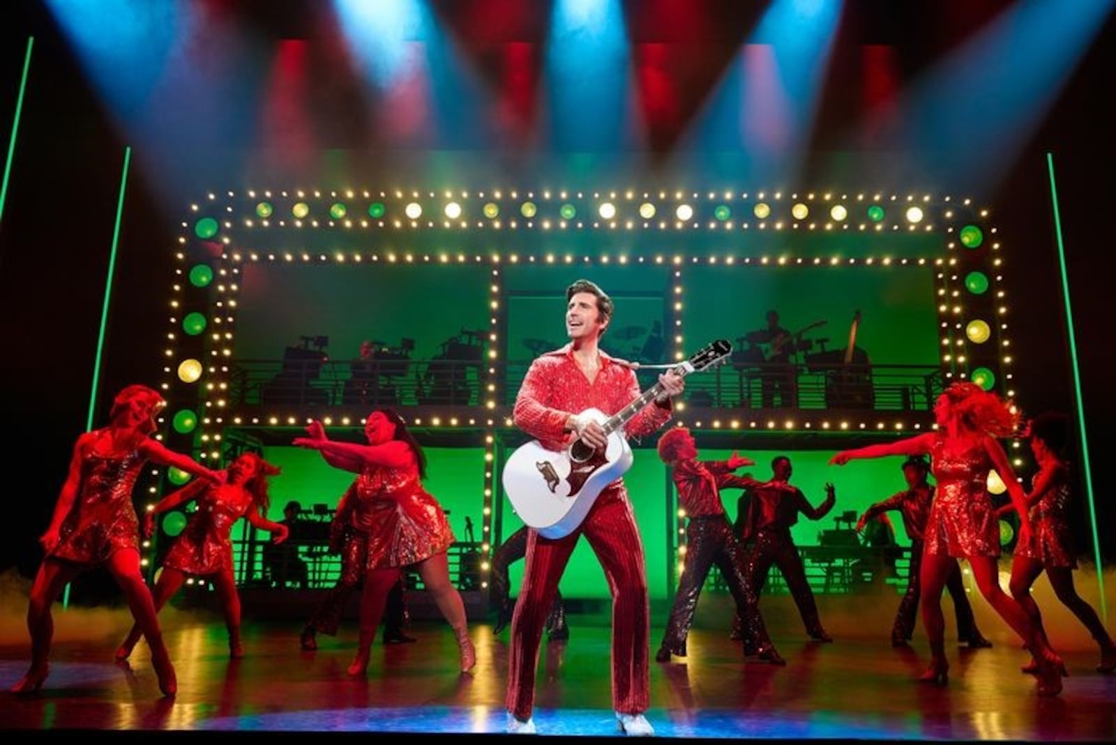 Nick Fradiani as Neil - Then (center) with The Noise and the Band in "A Beautiful Noise: The Neil Diamond Musical." Photo credit: Jeremy Daniel