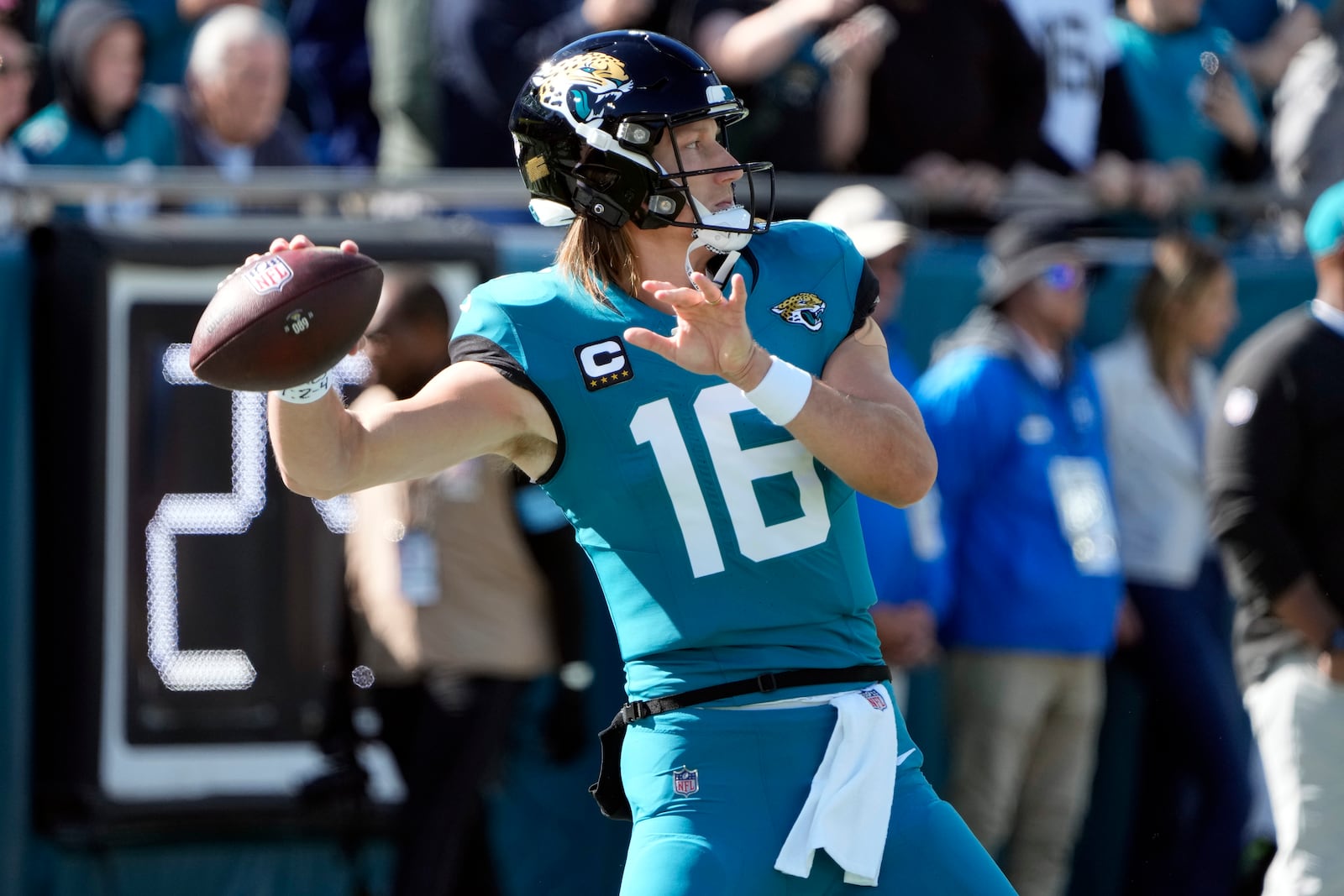 Jacksonville Jaguars quarterback Trevor Lawrence warms up before an NFL football game against the Houston Texans Sunday, Dec. 1, 2024, in Jacksonville, Fla. (AP Photo/John Raoux)