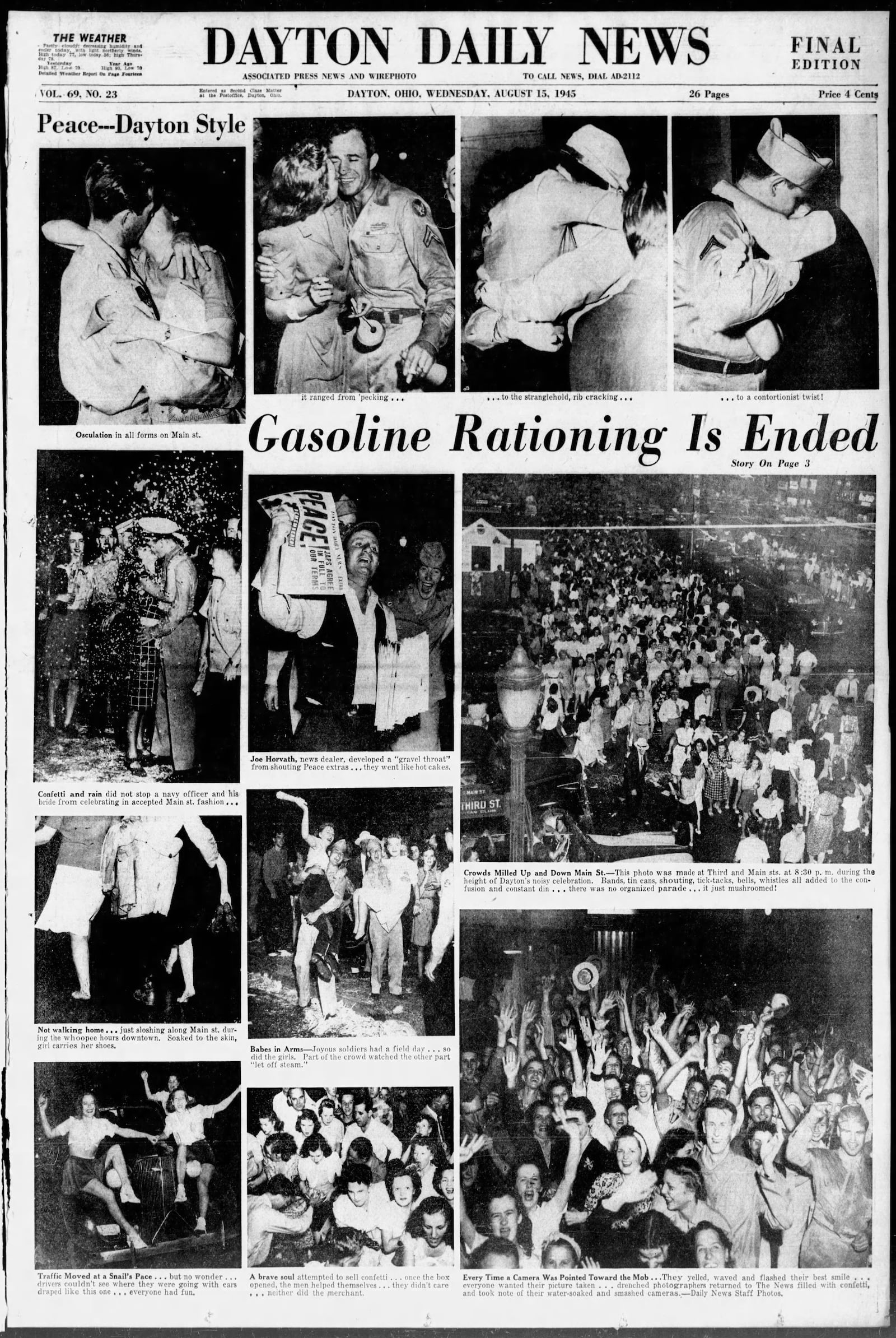 August 15, 1945:  The front page of the Dayton Daily News covering the celebration in Dayton at the end of World War II. VIEW THE FULL-SIZE PAGE: https://www.daytondailynews.com/rw/Pub/p9/DaytonDailyNews/2018/08/14/Images/1945_08_15.jpg