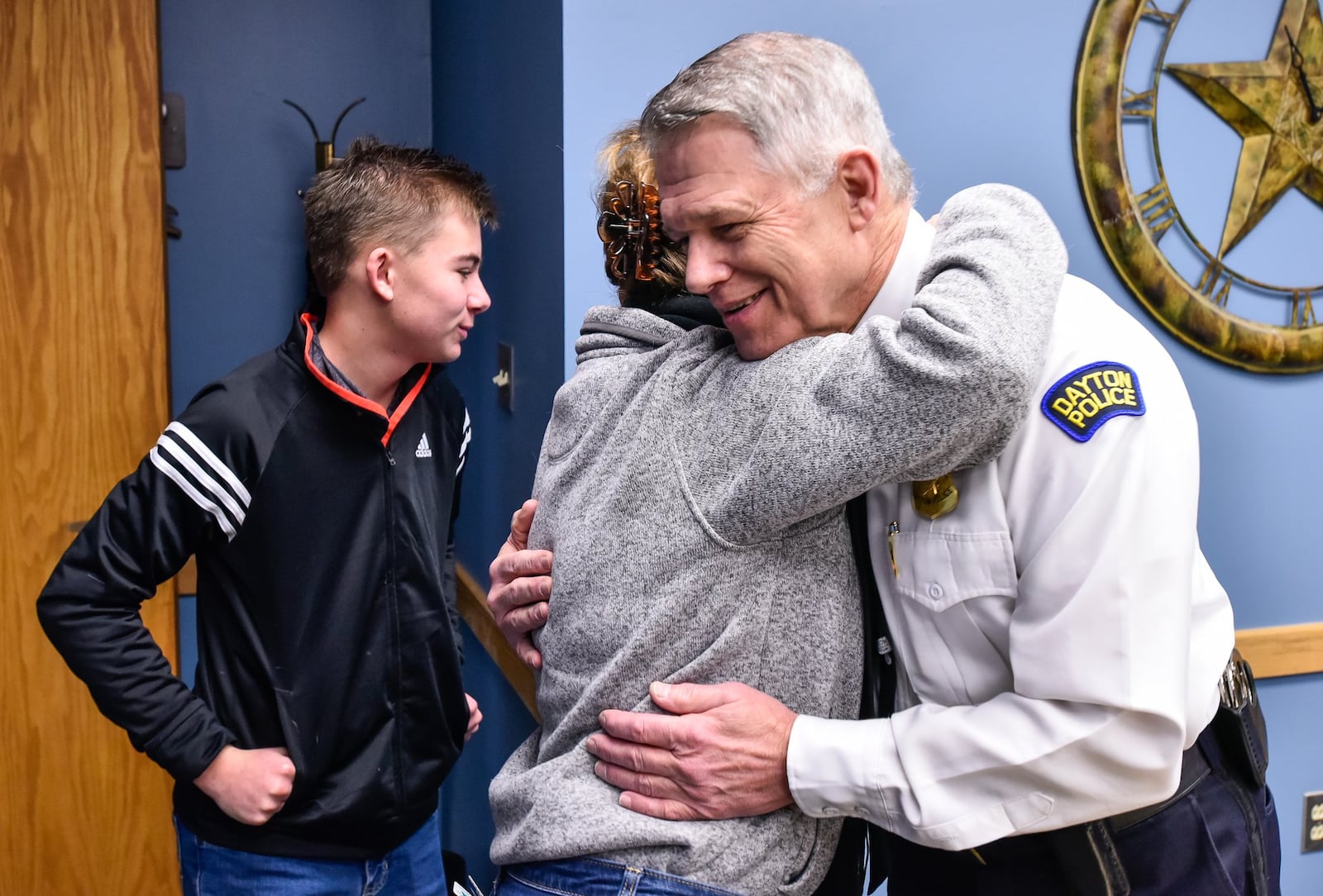 Lori Baker and her son Cameron Baker, 14, meet with Dayton Police Chief Richard Biehl Friday, Dec. 20, 2019 to deliver boxes of thank you letters for the police department and the family of Dayton Police Det. Jorge Del Rio who was killed on the job in November. The letters, pictures and blankets were from students representing schools around the Dayton region. Some of the schools included were New Vision Christian Homeschool Co-op, Troy, Tipp City, Milton Union, Vandalia Butler, Trotwood Madison, City of Dayton, and Franklin Monroe. NICK GRAHAM/STAFF