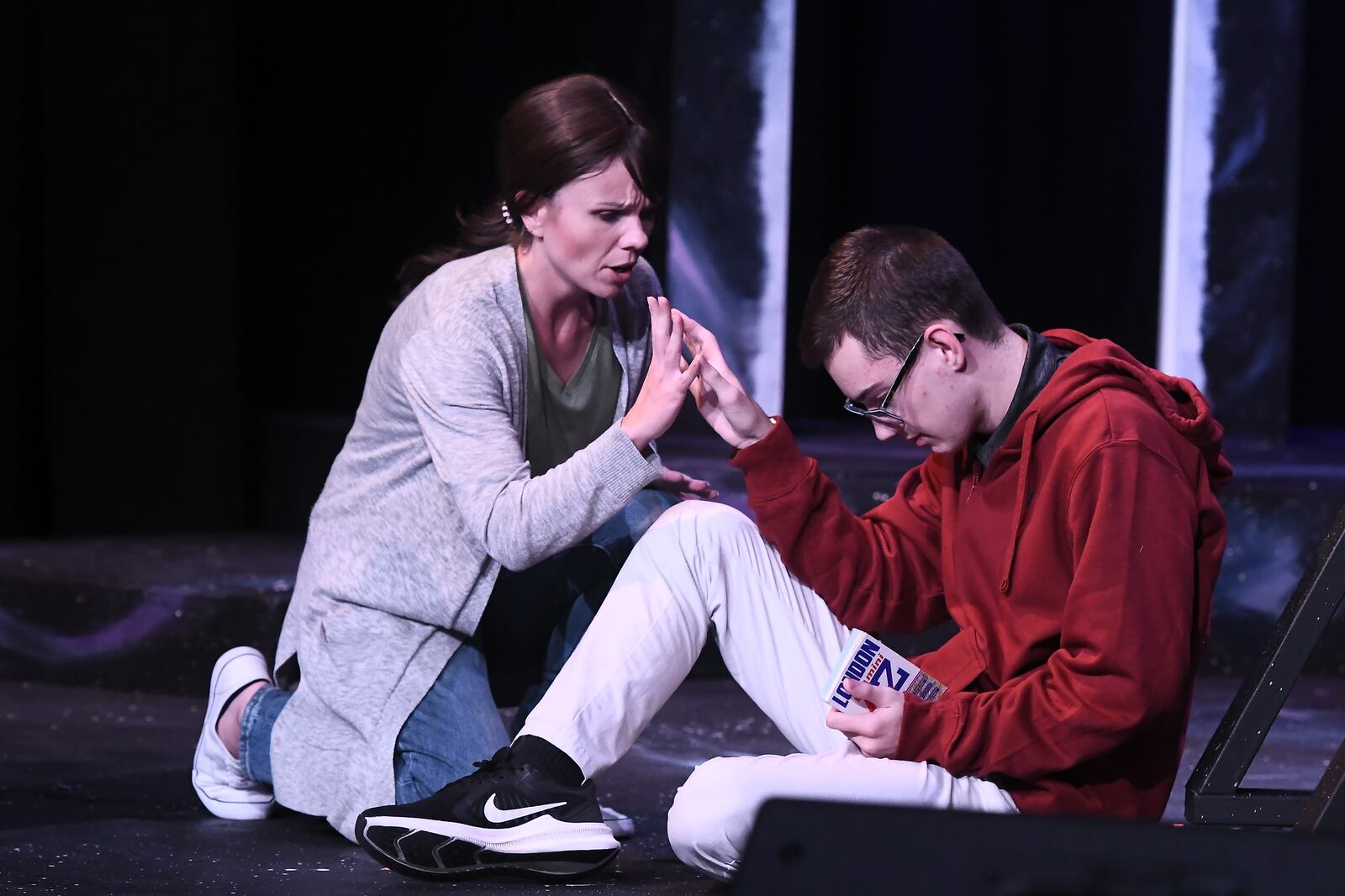 Lindsey Cardoza (Mrs. Judy Boone) and Nolan Todd (Christopher Boone) in Springboro Community Theatre's production of "The Curious Incident of the Dog in the Night-Time," continuing through Sept. 25. PHOTO BY DANA KARRICK