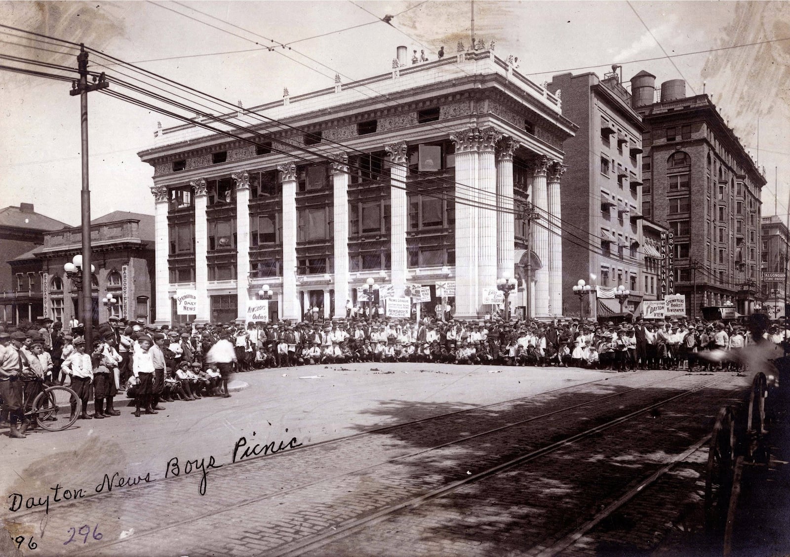 News boys gather in front of the Dayton Daily News building in this early undated photograph. Construction of the Dayton Daily News building was completed in 1910. DAYTON METRO LIBRARY LUTZENBERGER PICTURE COLLECTION