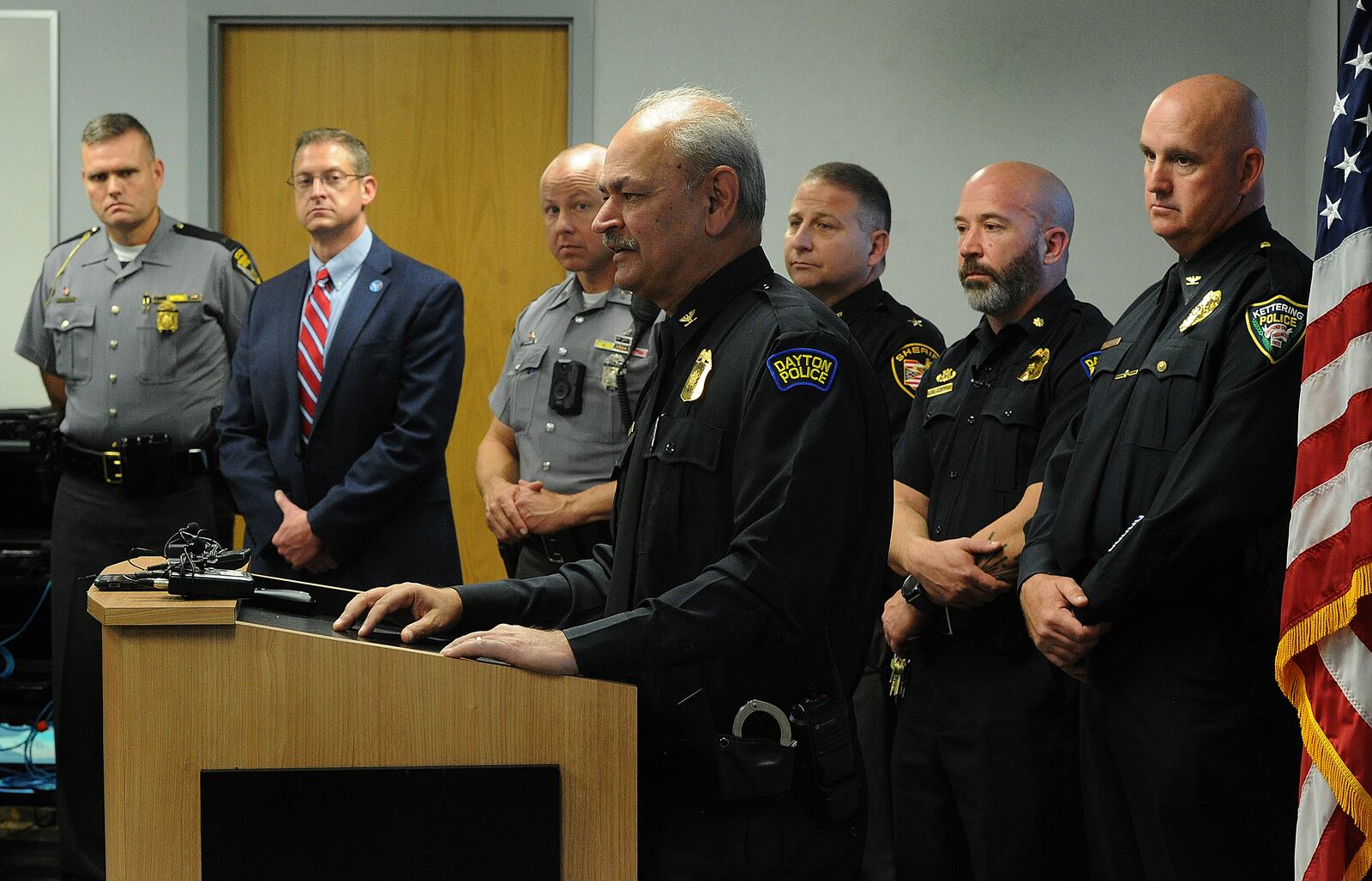 Dayton Police Chief Kamran Afzal was joined by officials from several other police jurisdictions at a joint media briefing in the Dayton safety building Wednesday Oct. 26, 2022. They discussed the ongoing joint efforts to reduce the number of stolen vehicles. MARSHALL GORBY\STAFF
