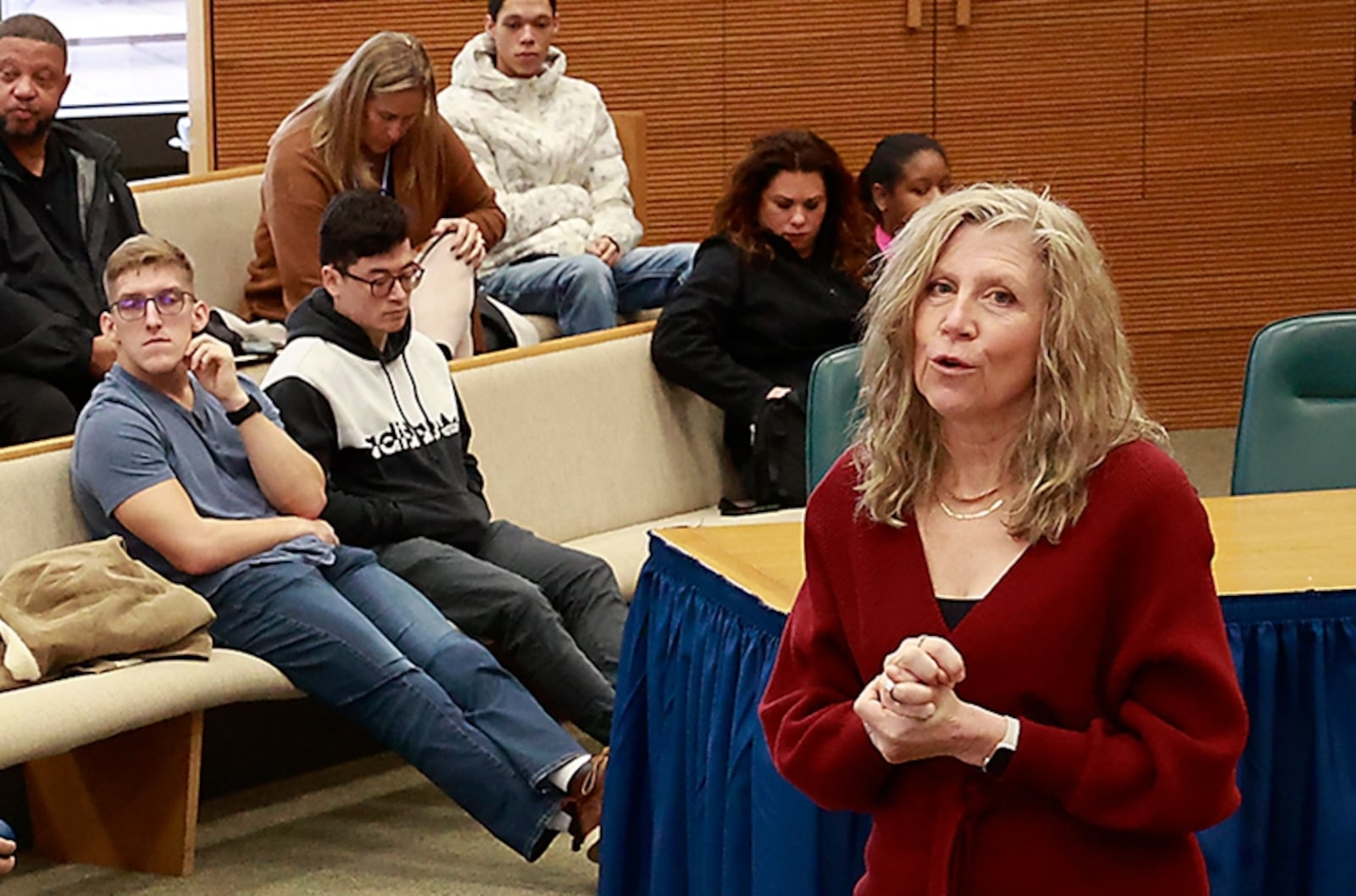 Clark County Juvenile Court Judge Katrine Lancaster talks to a group of students from the Springfield-Clark CTC on Dec. 13, 2022.  BILL LACKEY/STAFF  