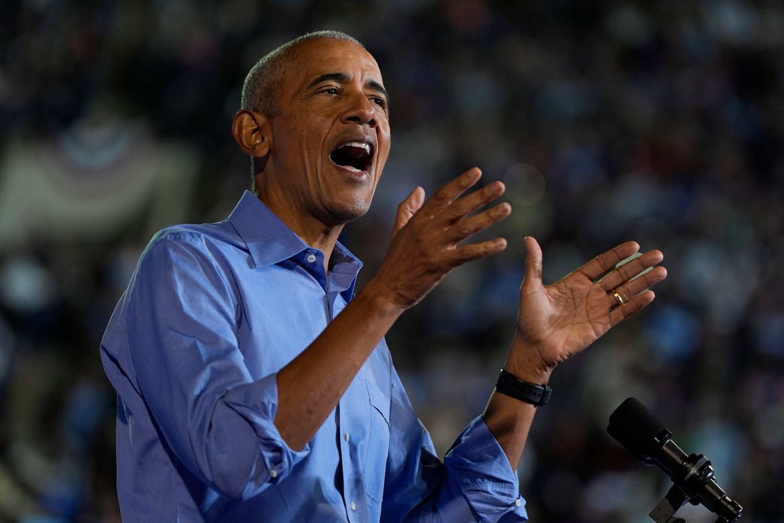 Former President Barack Obama speaks before Democratic presidential nominee Vice President Kamala Harris at a campaign rally at James R. Hallford Stadium, Thursday, Oct. 24, 2024, in Clarkston, Ga. (AP Photo/Julia Demaree Nikhinson)