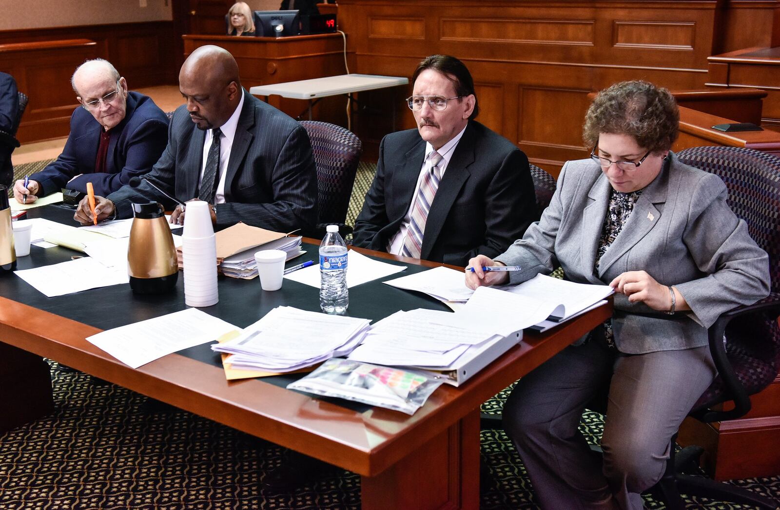 Lester Parker, left, sits with his attorney David Washington during his trial in Butler County Common Pleas Court Thursday, Nov. 9, 2017, in Hamilton. Parker and his nephew William Tucker are charged with murder and arson in the fire on Pater Avenue in Dec. 2015 that killed Hamilton Firefighter Patrick Wolterman. NICK GRAHAM/STAFF