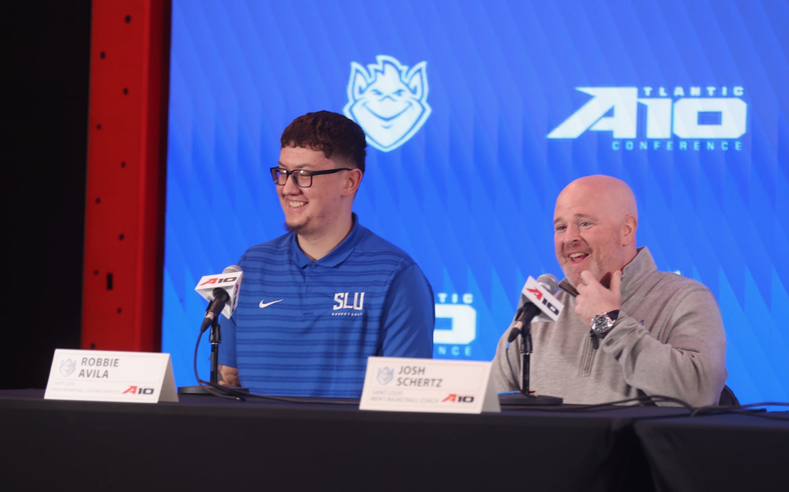 Robbie Avila, left, and Josh Schertz, of Saint Louis, speak at Atlantic 10 Conference Media Day on Monday, Oct. 7, 2024, at District E next to Capital One Arena in Washington, D.C. David Jablonski/Staff