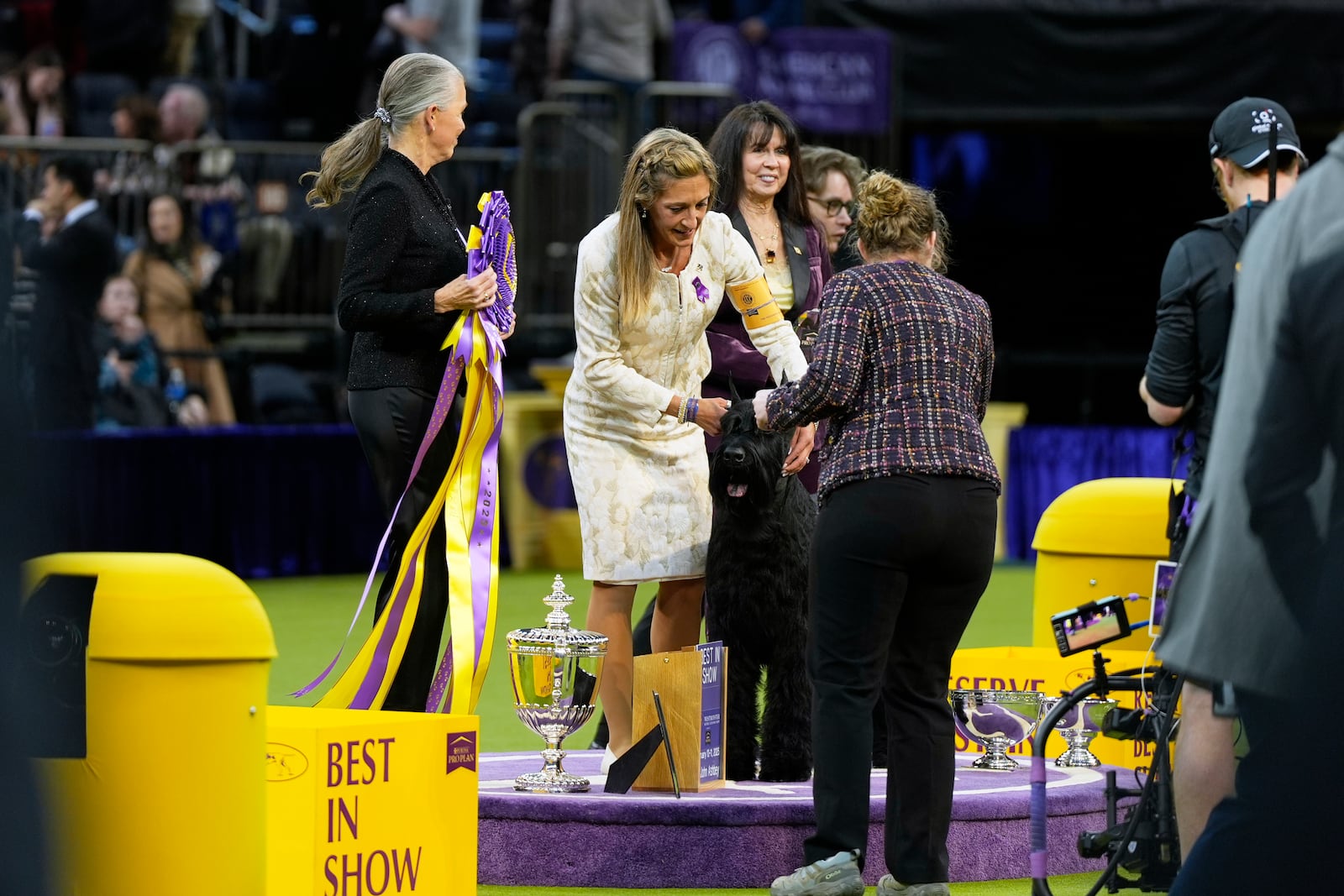 Katie Bernardin, center, and Monty, a Giant Schnauzer, win best in show in the 149th Westminster Kennel Club Dog show, Tuesday, Feb. 11, 2025, in New York. (AP Photo/Julia Demaree Nikhinson)