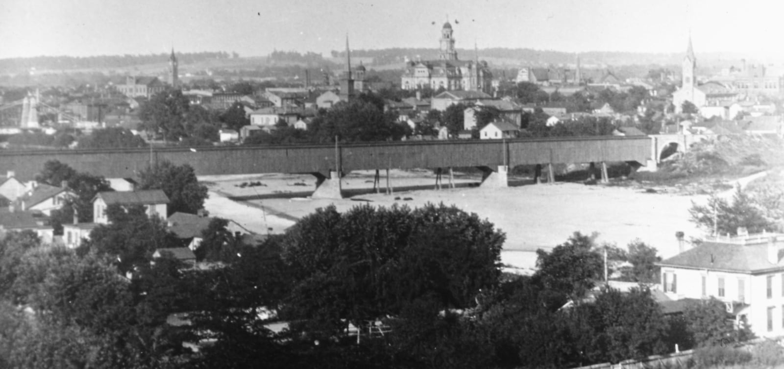 The 1858 Junction Railroad wooden bridge across the Great Miami would serve the road until 1893. Photo courtesy of Dan Finfrock