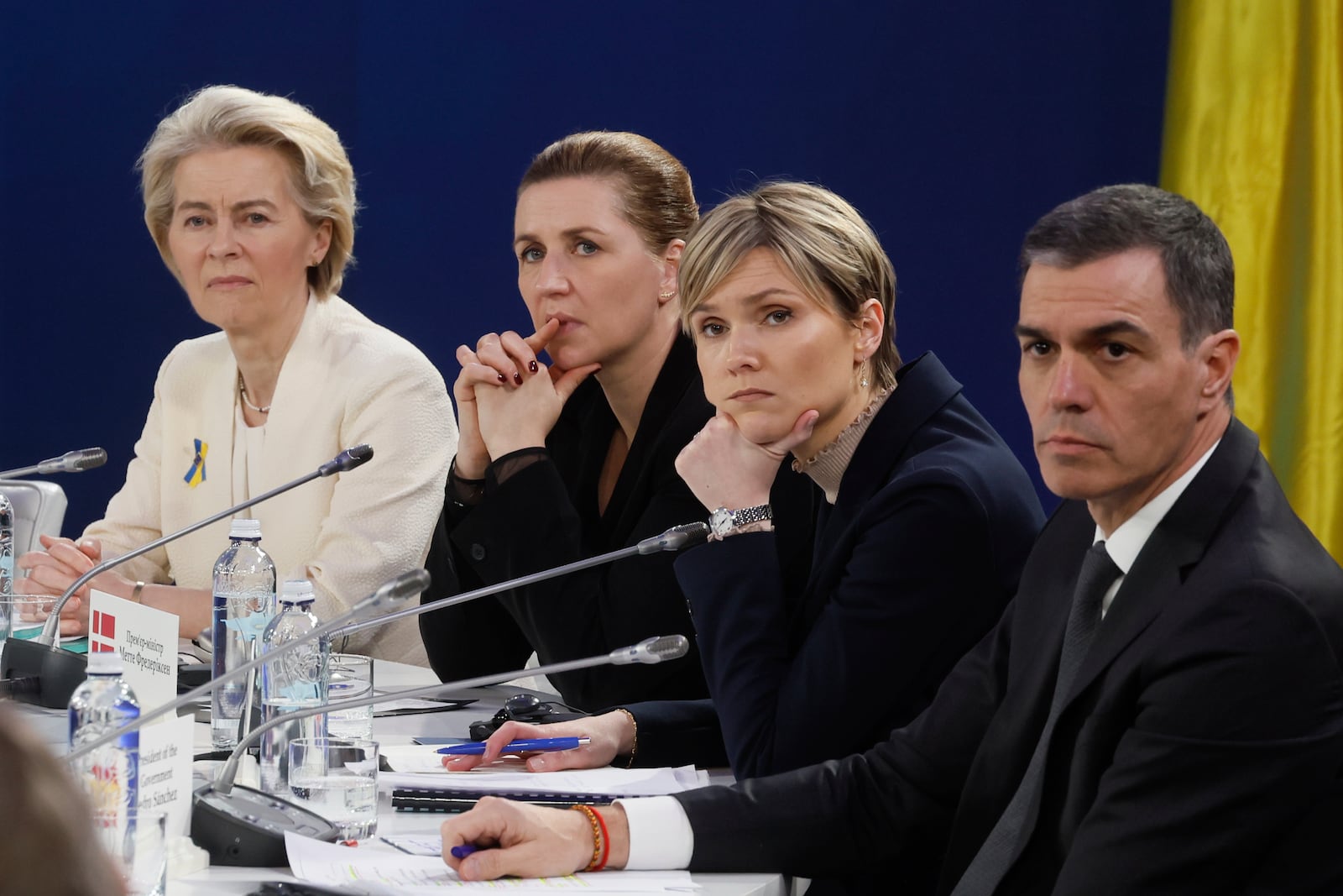 From left: European Commission President Ursula von der Leyen, Denmark's Prime Minister Mette Frederiksen, Iceland's Prime Minister Kristrun Frostadottir and Spain's Prime Minister Pedro Sanchez attend a press conference after the "Support Ukraine" summit, marking the third anniversary of the Russian invasion, in Kyiv, Ukraine, Feb. 24, 2025. (Gleb Garanich/Pool Photo via AP)