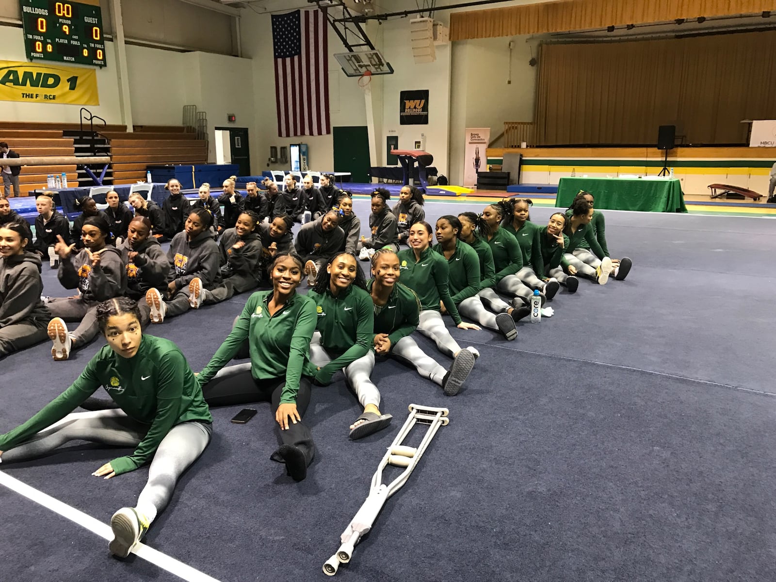 After the meet, the Wilberforce team (right) lined up on the mats as did the teams from Fisk (middle) and Greenville. Tom Archdeacon/CONTRIBUTED