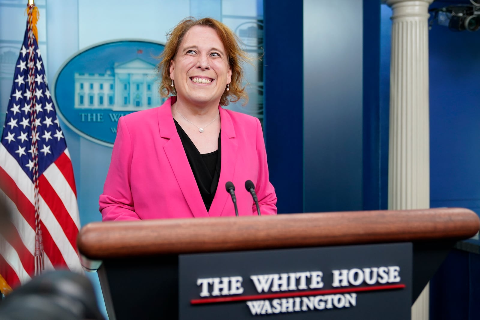 "Jeopardy!" champion Amy Schneider speaks with members of the press in the James S. Brady Press Briefing Room at the White House, Thursday, March 31, 2022, in Washington. Schneider was visiting the White House to participate in Transgender Day of Visibility. (AP Photo/Patrick Semansky)