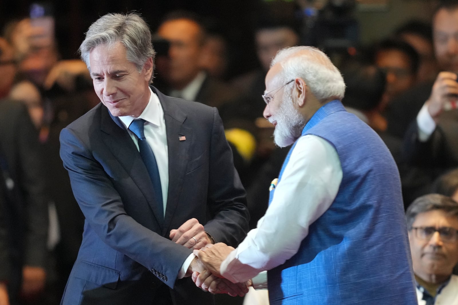 U.S. Secretary of State Antony Blinken, left, shakes hands with Indian Prime Minister Narendra Modi during the 19th East Asia Summit in Vientiane, Laos, Friday, Oct. 11, 2024. (AP Photo/Dita Alangkara)