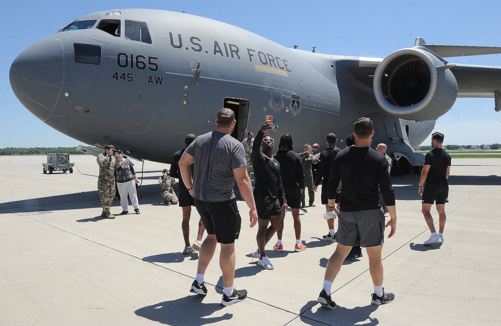 Cincinnati Bengals rookies had the opportunity to engage with military members during a USO luncheon Friday June 3, 2022 to learn about the life of an Airmen. Following the luncheon, the team will tour a C-17 aircraft at the 445th Airlift Wing, visit the 88th Air Base Wing Honor Guard and conclude the tour with meeting some of the Air Force’s bravest Airmen assigned to the Explosives Ordinance Disposal team. The hands-on tour will give the team an insight of Air Force capabilities and the missions at Wright-Patterson Air Force Base. MARSHALL GORBY\STAFF