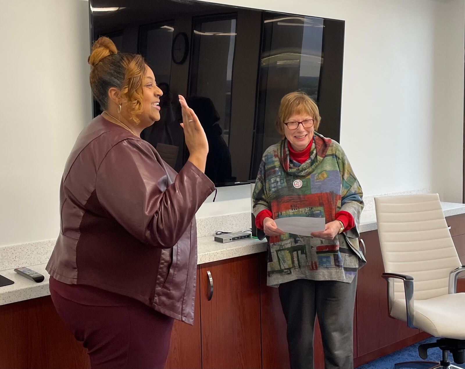 Stacey Benson-Taylor was appointed to the seat of Montgomery County recorder on Tuesday. She was sworn-in by Montgomery County commissioner Judy Dodge.